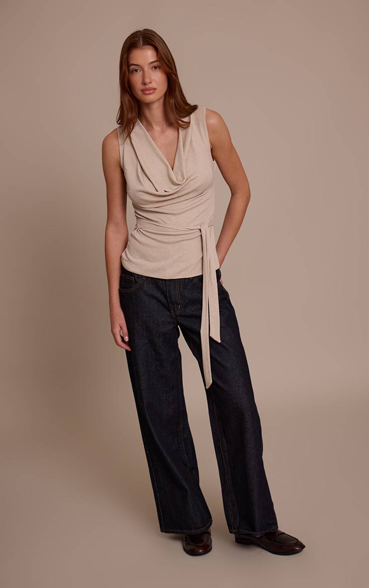 Beige Haut Long Beige En Mesh Dévoré Avec Col Bénitier Et Détail Ceinture Nouée À La Taille