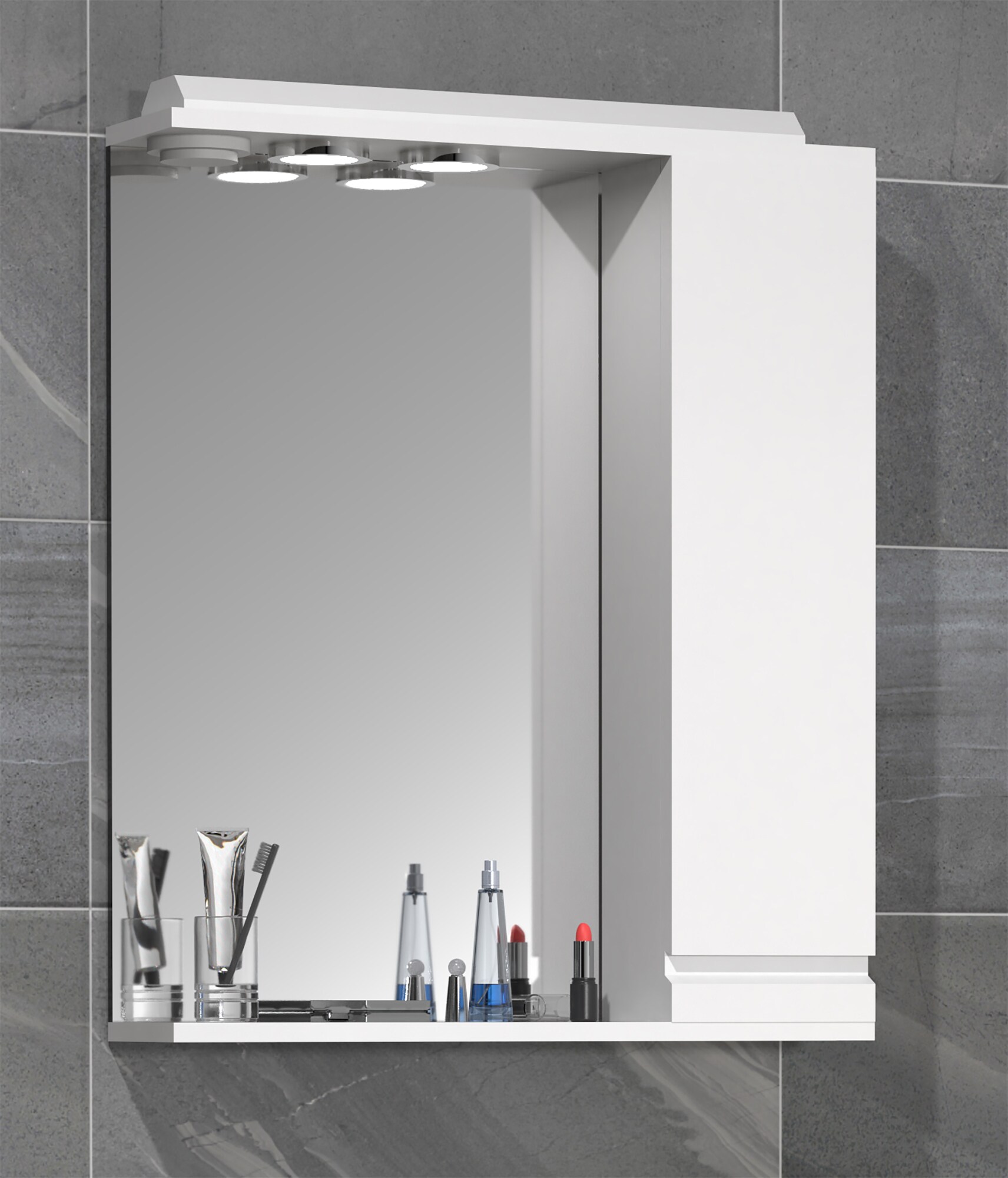 VCM Badspiegel Wandspiegel Breite 60 cm Hängespiegel Spiegelschrank Badezimmer Drehtür grifflos Beleuchtung Silora L