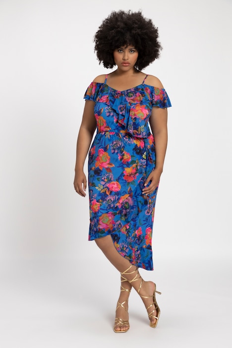Midikleid, Off Shoulder, Blüten Print, Rüschen