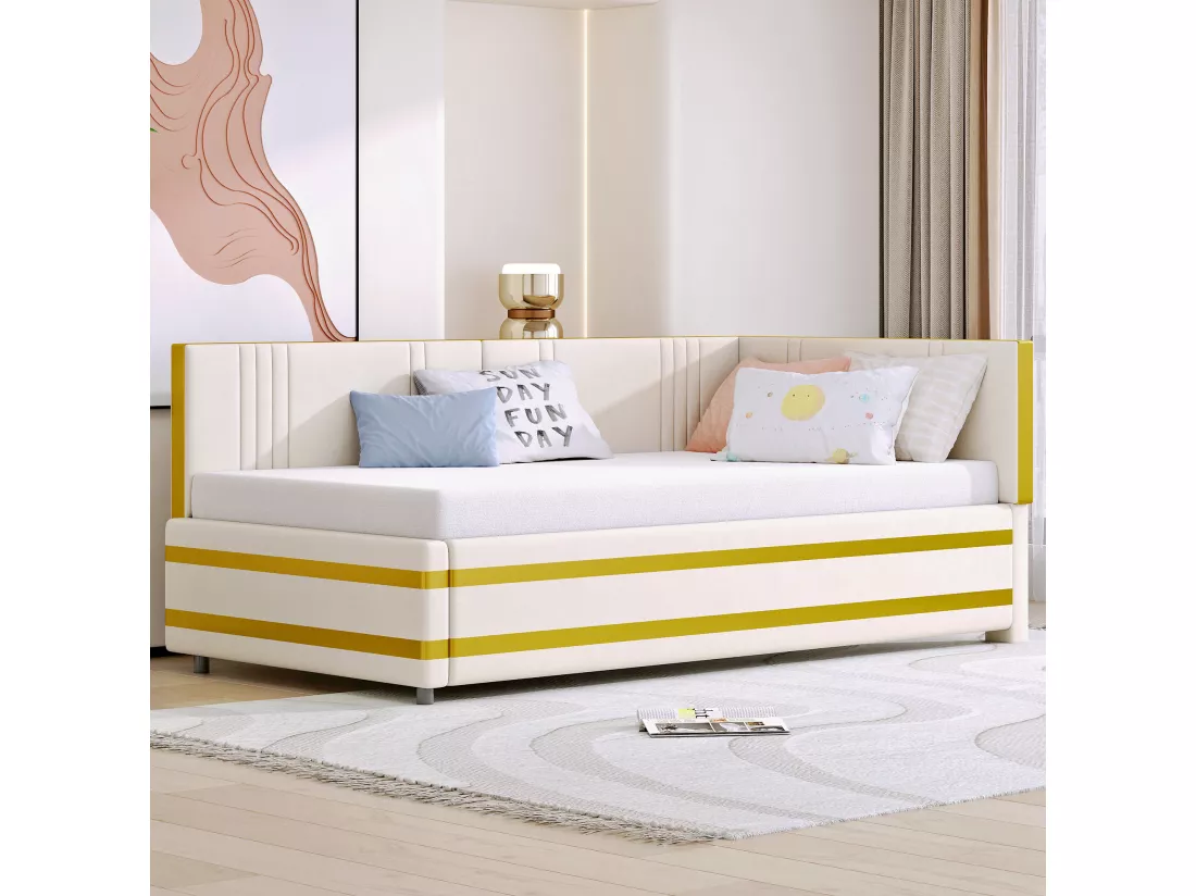 Lit banquette 90x200cm en velours - avec sommier à lattes - Beige (matelas non inclus)