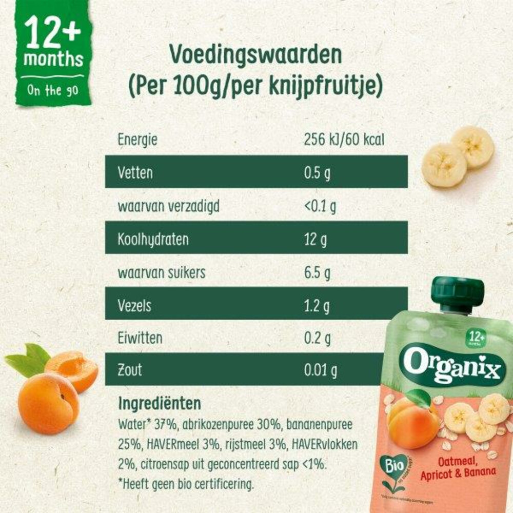 6x Organix Knijpfruit 12+m Havermout Abrikoos & Banaan100 gr