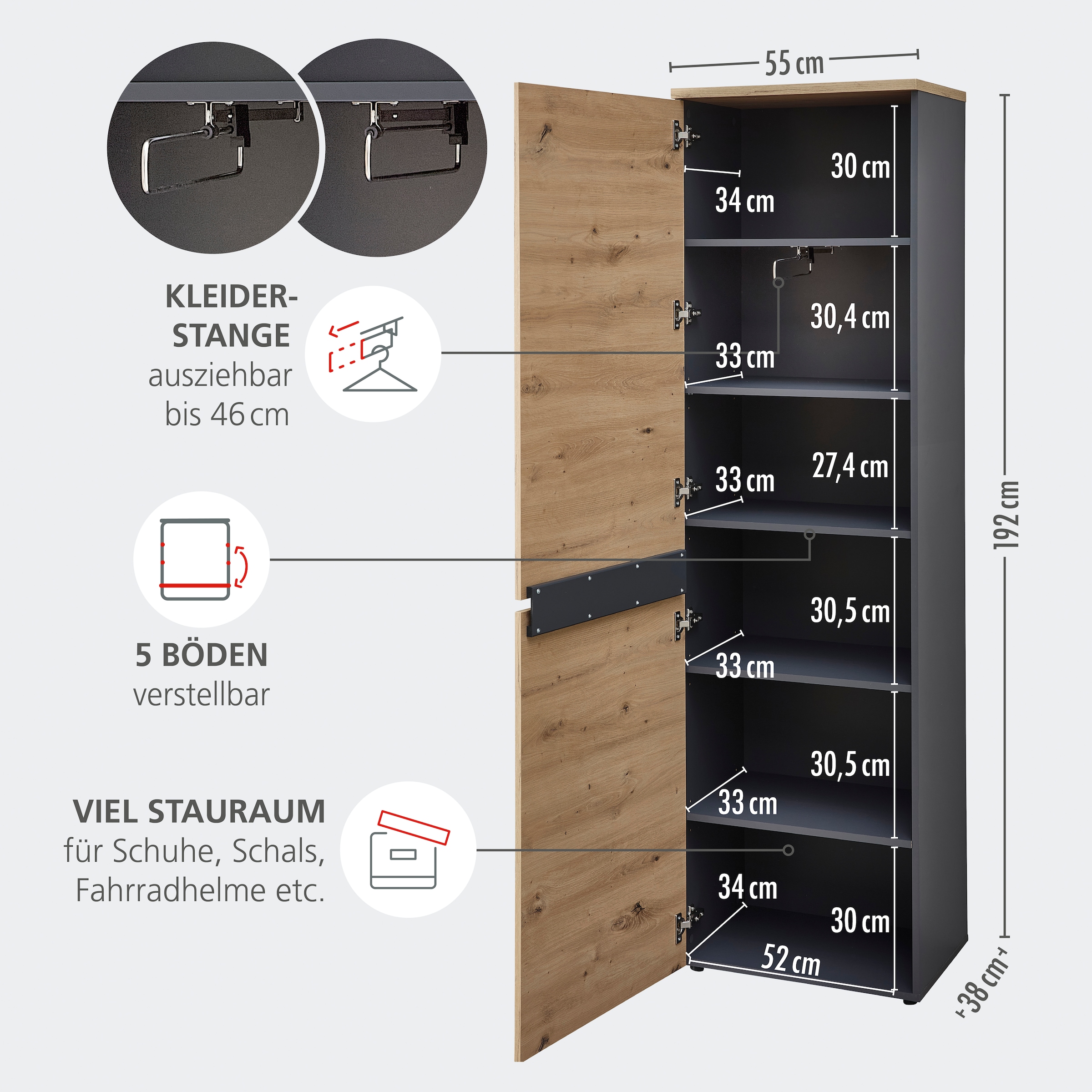 GOODproduct Garderobenschrank »Fargo Garderobenschrank, 55/192/38 (B/H/T cm)« 1 Stk. tlg. 4 türig, Spiegel, Softclose, Kleiderstange