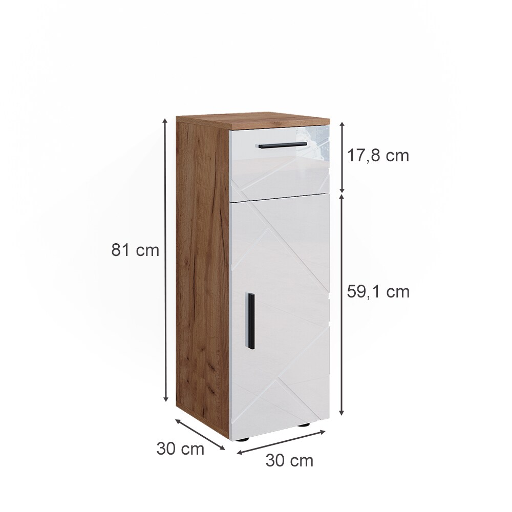 Vicco Midischrank Badschrank Badezimmermöbel Irma Eiche Weiß Hochglanz modern 30x81 cm Badezimmer Schrank Badkommode Badmöbel Schrankschublade Schranktür