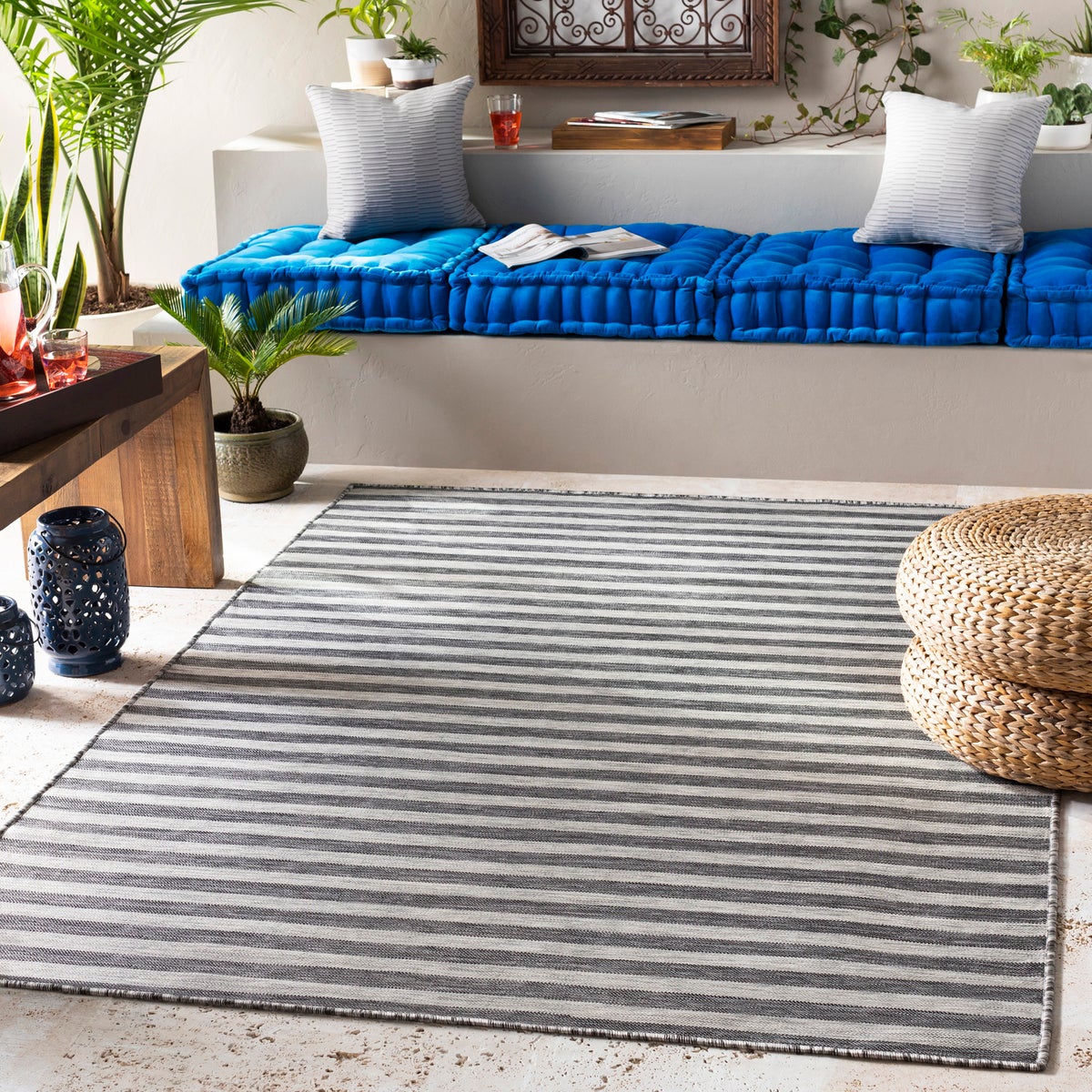 Binnen/buiten gestreept vloerkleed grijs/ivoor 80x150 cm ZAKI