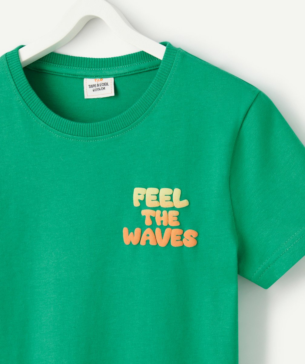 t-shirt garçon en coton bio vert avec messages colorés