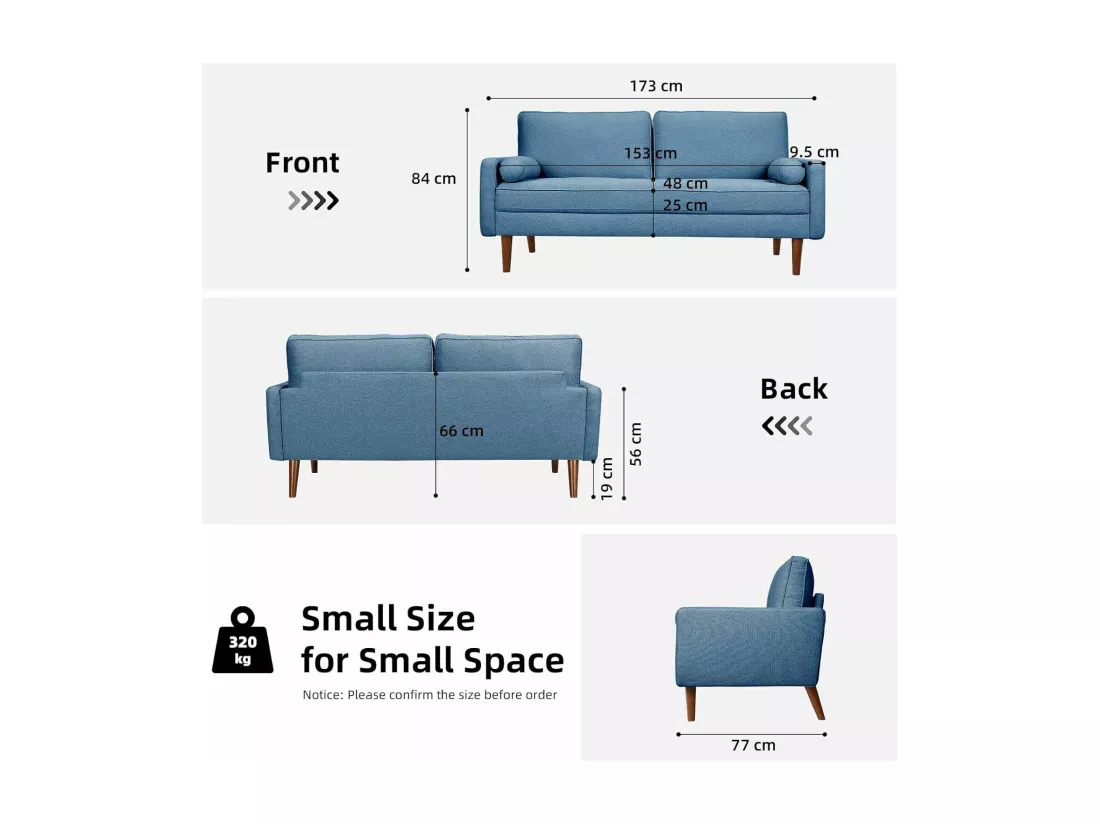 Canapé 3 places en tissu Lin bleu - Scandinave - avec 2 Oreillers et Accoudoirs - Pieds bois massif - 173x77x84cm