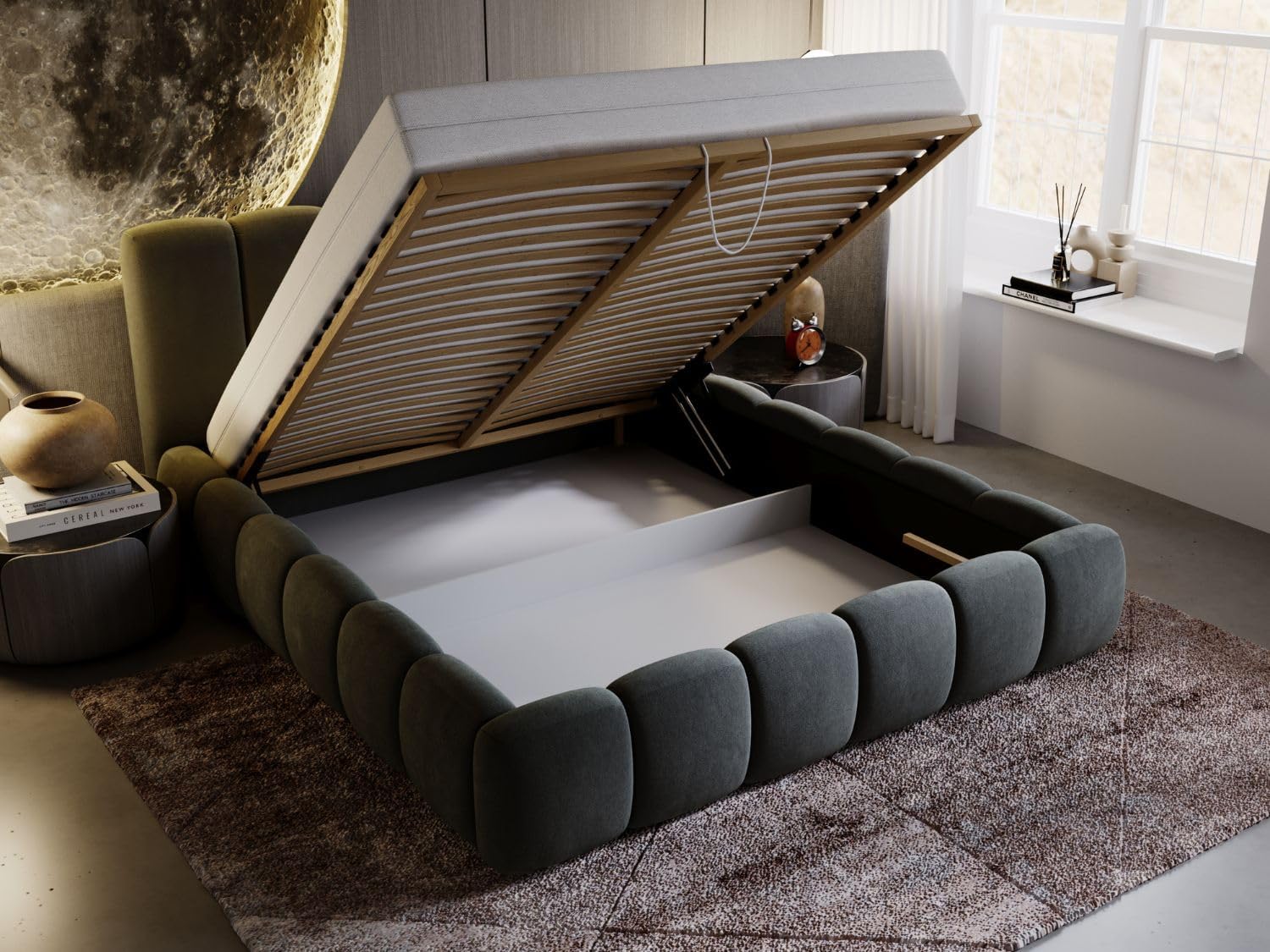GRAINGOLD Cloud Bett 180x200, Polsterbett mit Bettkasten, Polsterbett mit Stauraum, Samt, mit Lattenrost, mit Kopfteil, ohne Matratze (Grau, 180x200)