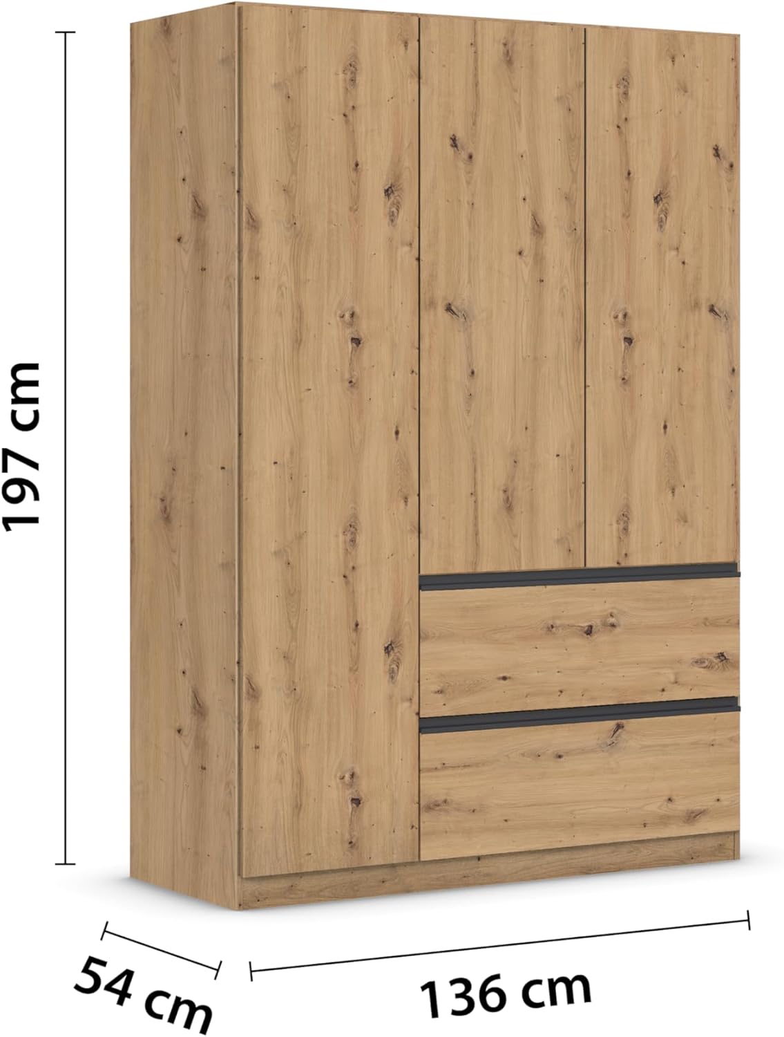 Rauch Möbel Costa, Kleiderschrank für Schlafzimmer, Kinderzimmer, Babyzimmer, Flur, 3-türig, 2 Schubladen, Push-to-Open, Farbe Eiche Artisan, Holz, Griffprofil Grau metallic, Breite 136 cm