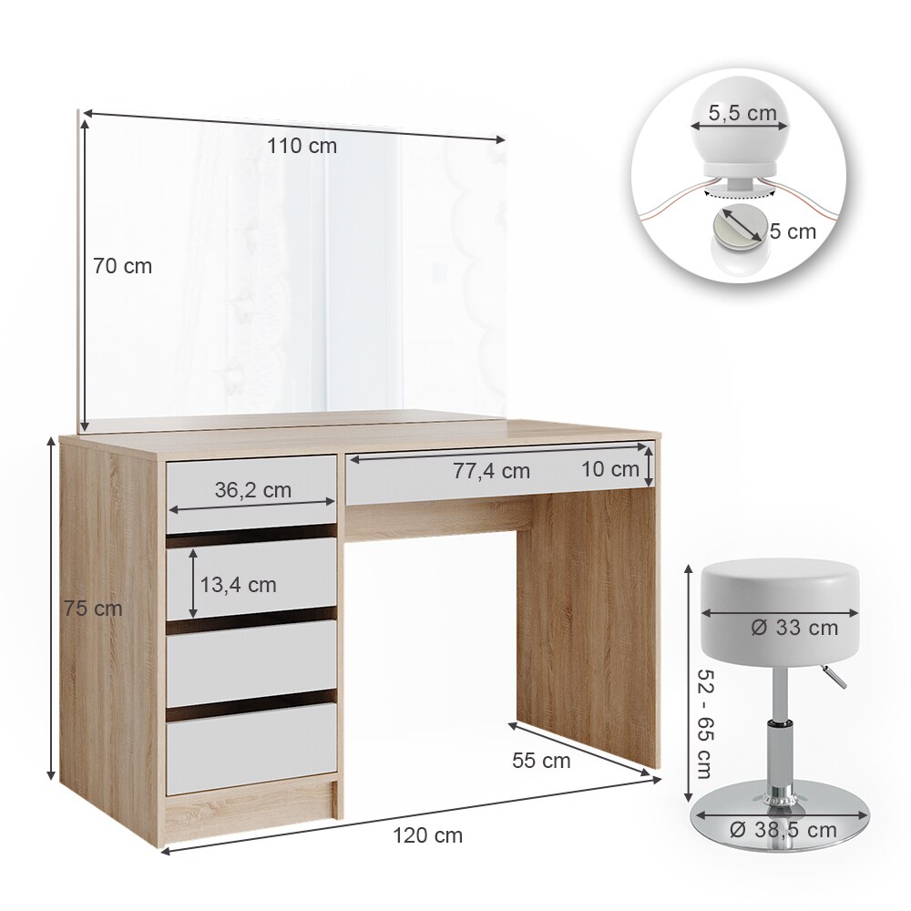 VICCO Schminktisch Sherry Sonoma Weiß Frisiertisch LED Spiegel Kommode Hocker