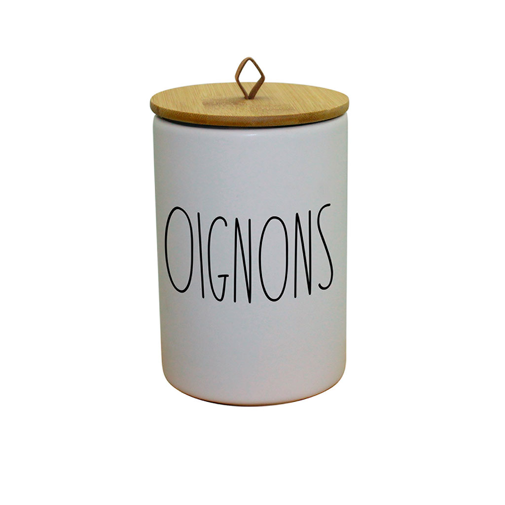 Pot à oignons céramique et couvercle bambou blanc D 9.6x14.9cm