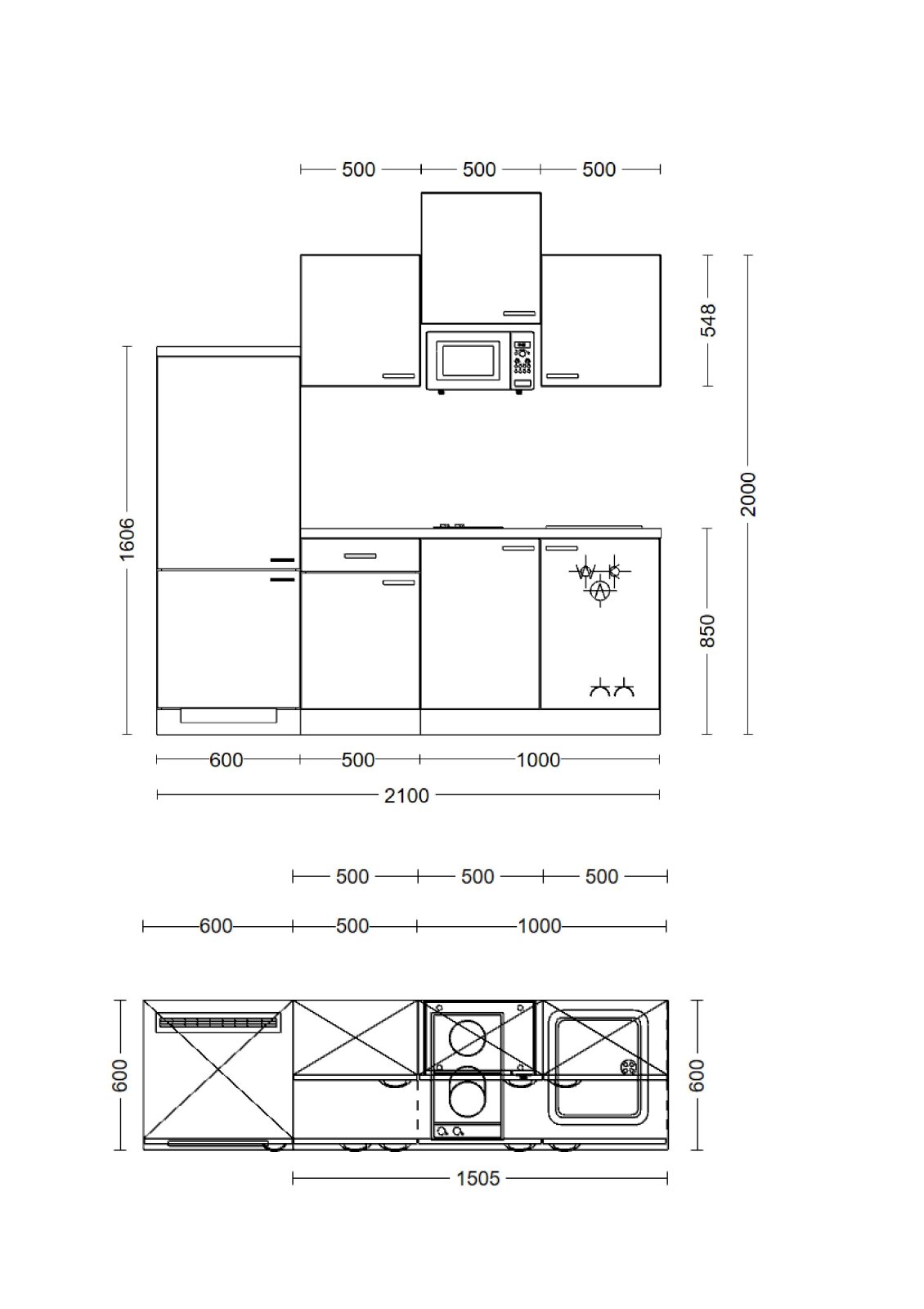 Küchenblock CARA - schilfgrün - Artisan Eiche - mit E-Geräten - 210 cm
