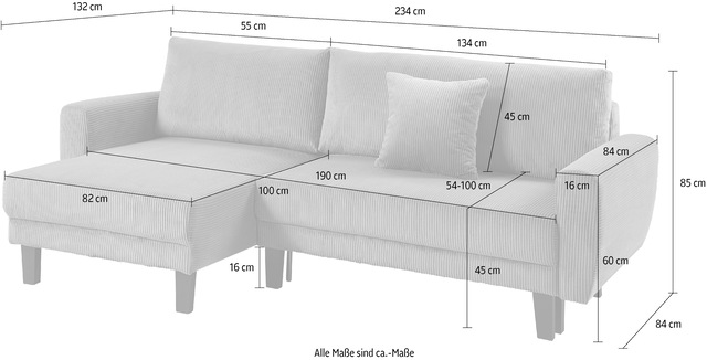 ATLANTIC home collection Ecksofa »Leonid L-Form« mit Schlaffunktion und Bettkasten