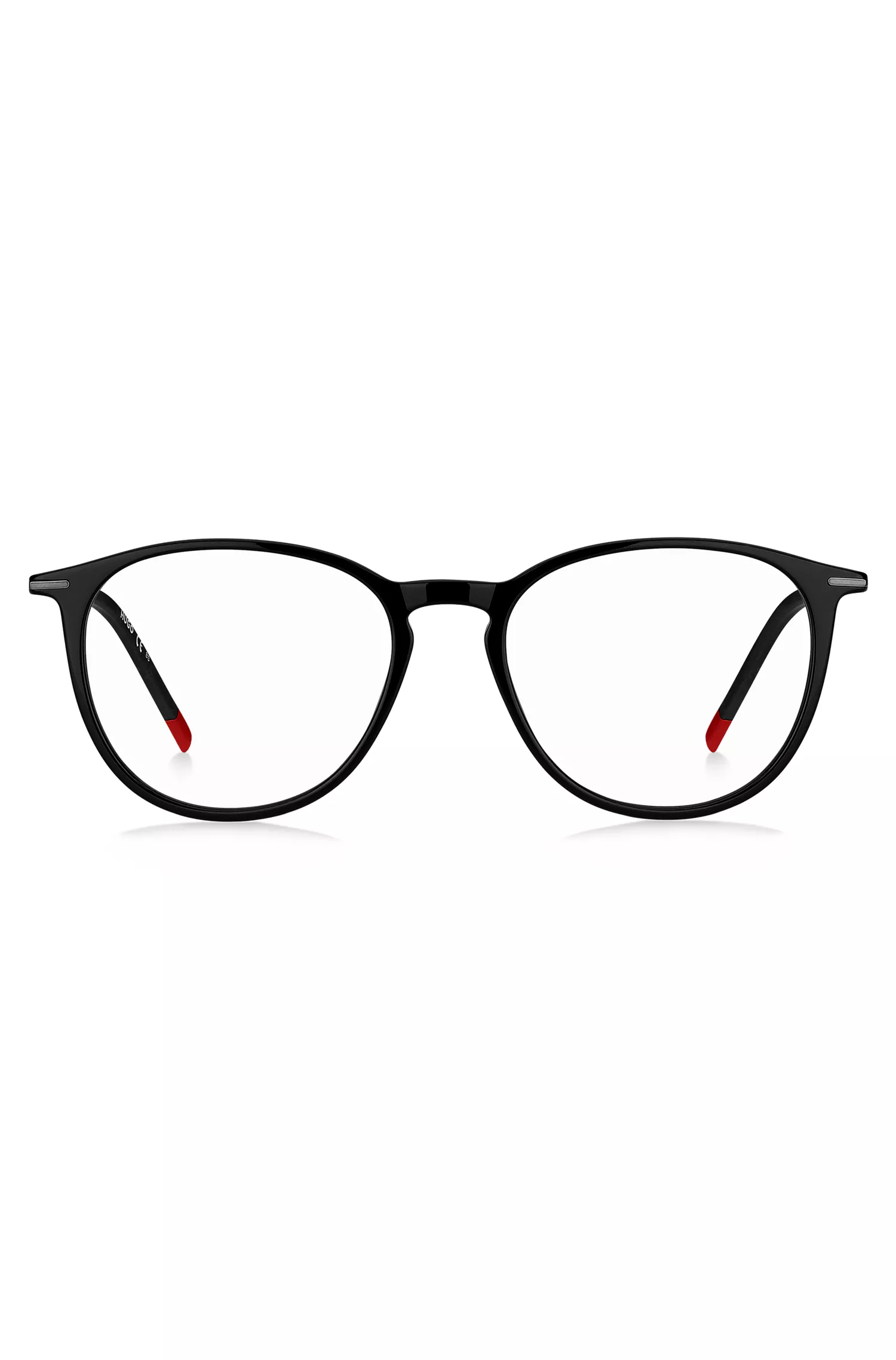 Armação de óculos HUGO em acetato vermelho com ponte dupla.
