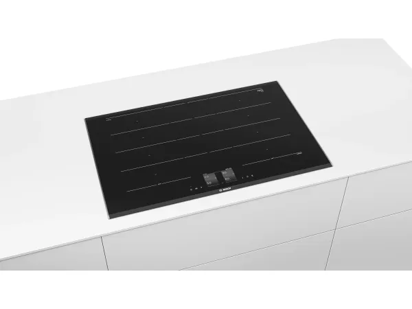 Bosch Serie | 8 PXY875KV1E - Induktions kogeplade - 4 plader - Niche - bredde: 75 cm - dybde: 49 cm - med rustfrit stål-sidepynt - sort