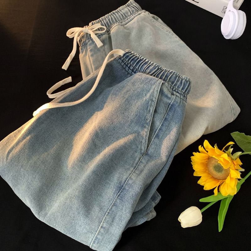 Kimeya - Gewassen denim shorts met wijde pijpen en trekkoord in de taille