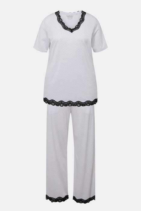 Pyjama, Punkte, Spitze, V-Ausschnitt, Halbarm