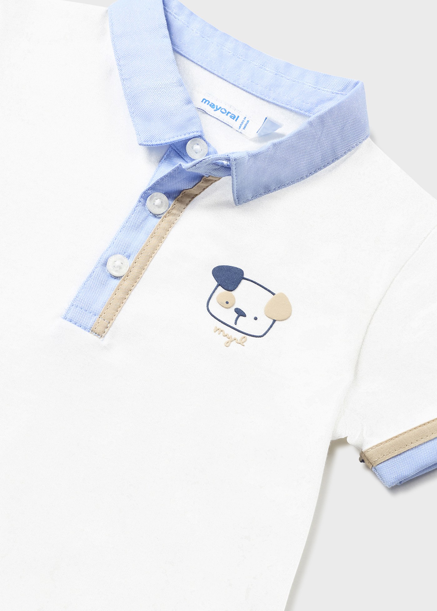 Camisa polo infantil com tecido oxford de algodão sustentável em contraste.