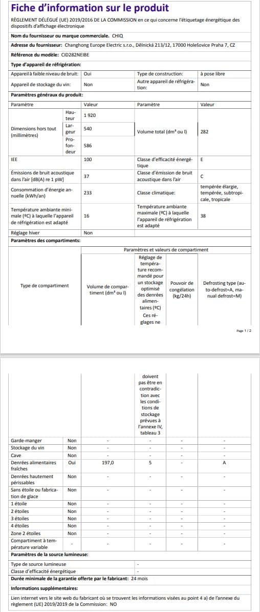 CHIQ Réfrigérateur autoportant sans givre 282 L, noir