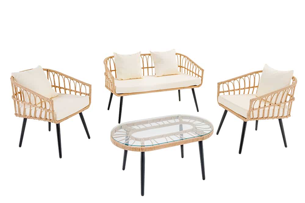 Outdoor Gartenlounge PARIS natur Rattan Gartenmöbel-Set inkl. Wechselbezügen grau creme