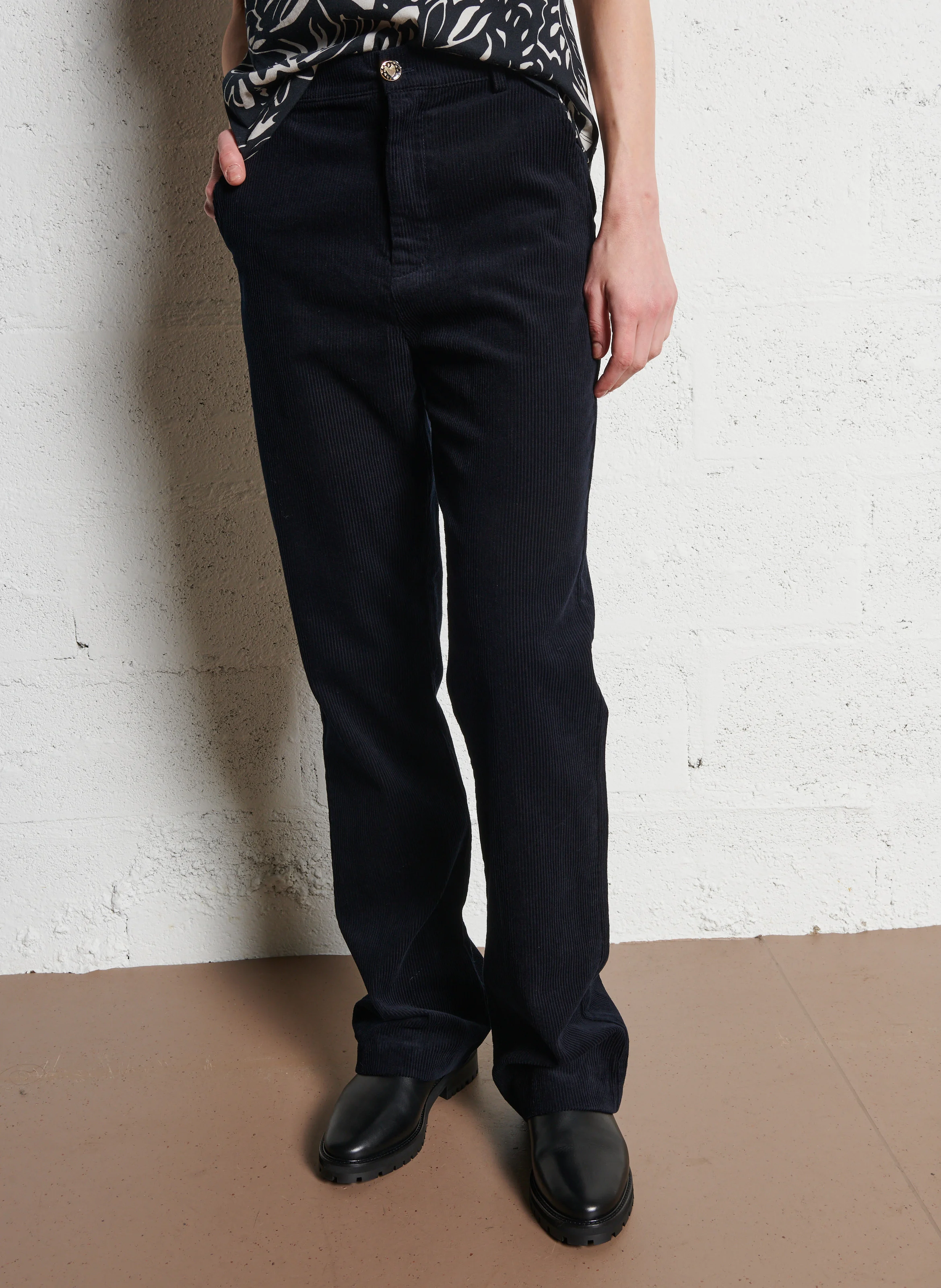 Pantalon droit côtelé en coton| Bleu