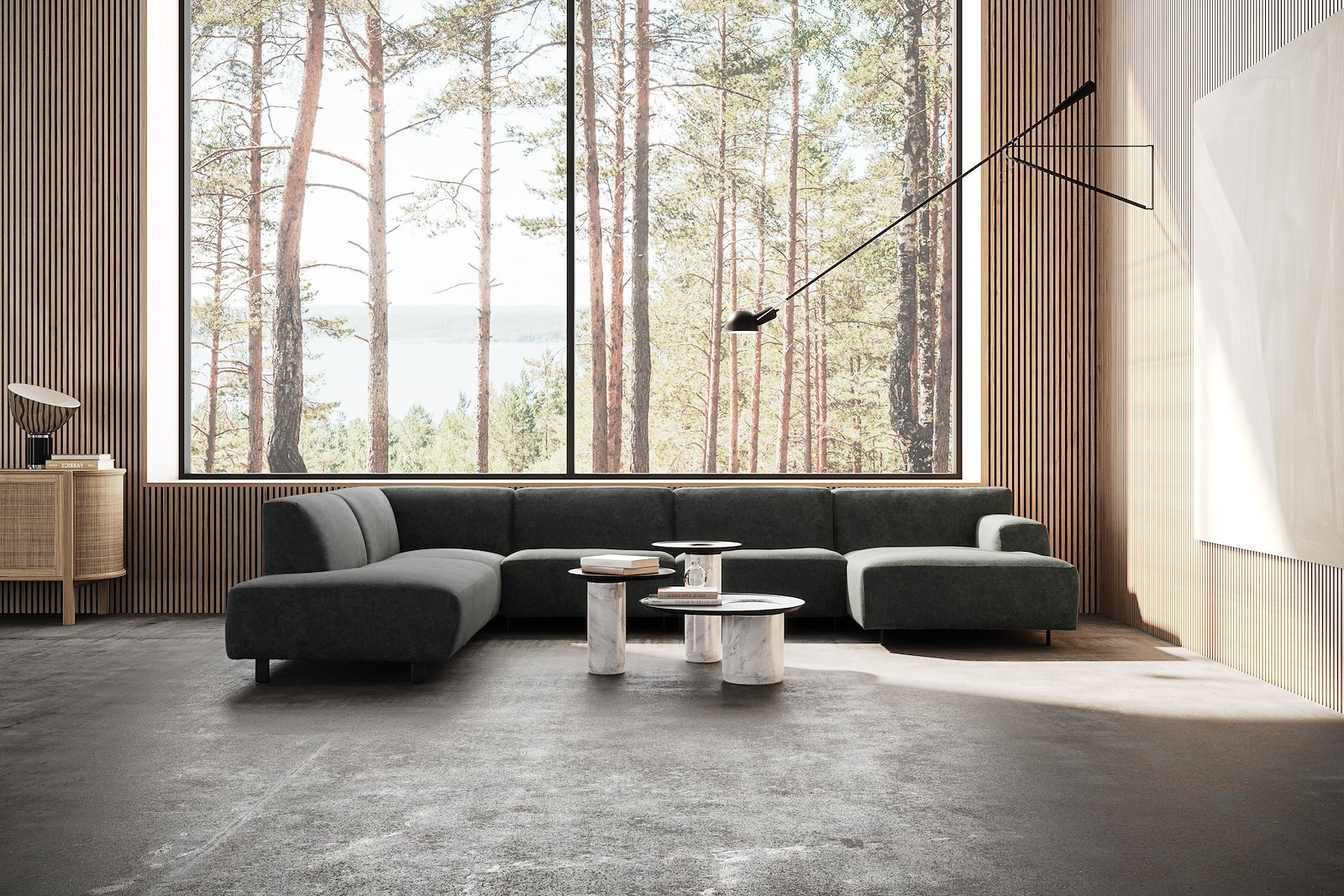 Vesta U-sofa Sjeselong høyre, 3-seter og åpen ende venstre. Big hjørnemodul, Tekstil Eros Antracit, sort metallben 10 cm, Comfort CM