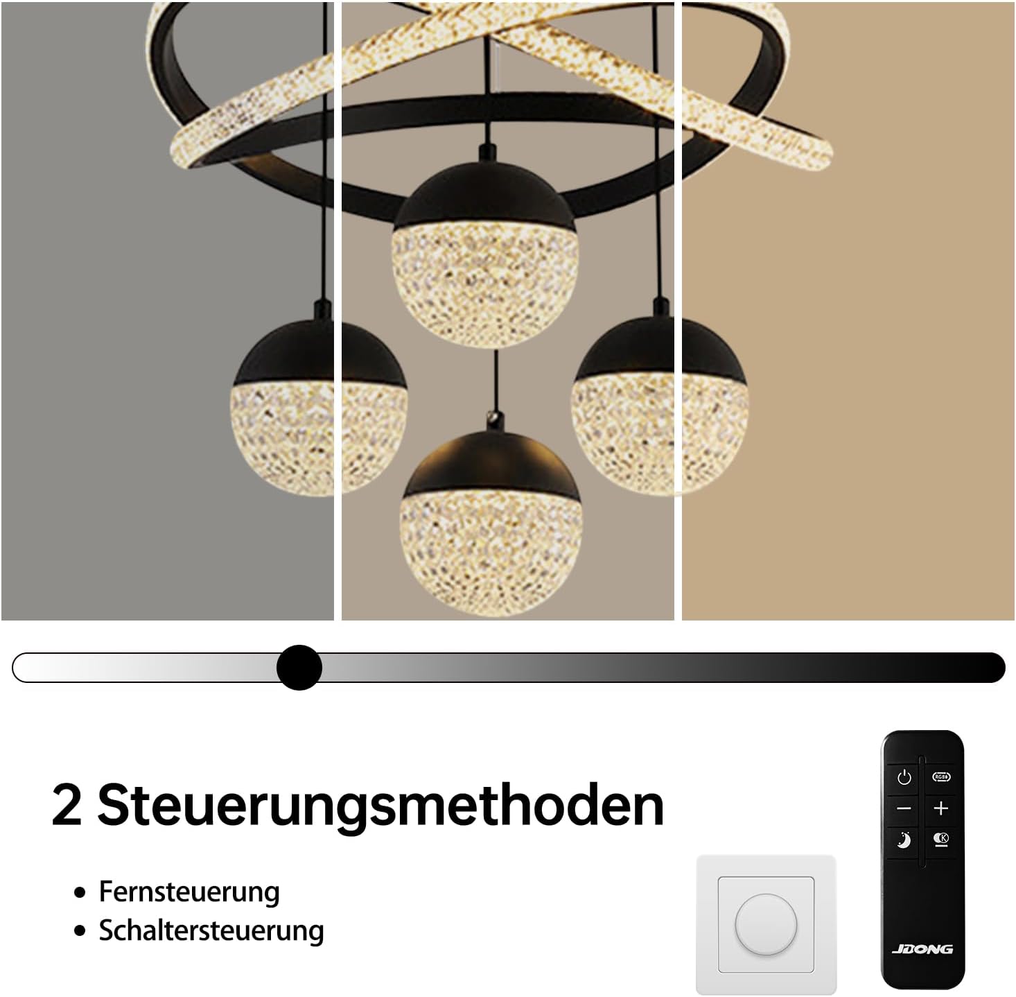 LED Pendelleuchte Schwarz dimmbare mit Fernbedienung 3000k-6500k Moderne 4 Ball Kristall Hängelampe 54W Esszimmerlampe hängend höhenverstellbar Esstischlampe für Wohnzimmer Esszimmer Schlafzimmer