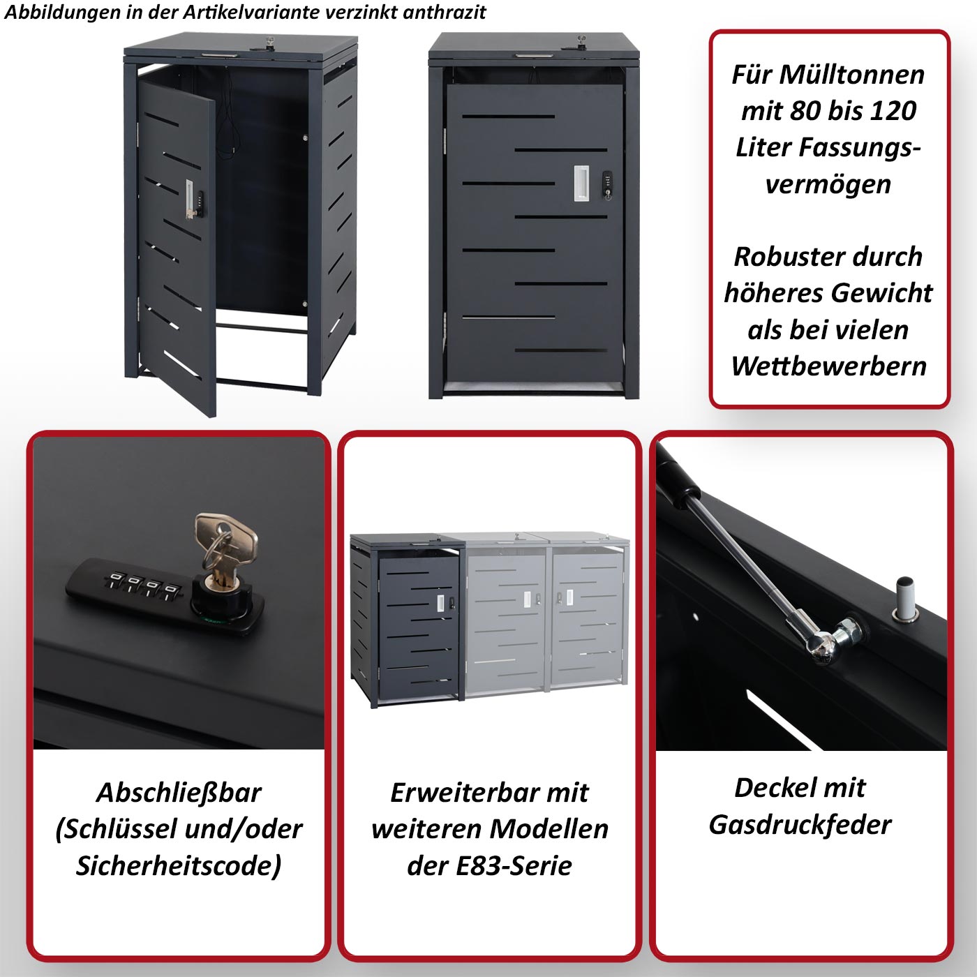 1er-Mülltonnenverkleidung MCW-E83, Mülltonnenbox Mülltonnenabdeckung, erweiterbar 103x60x62cm ~ Edelstahl 23kg