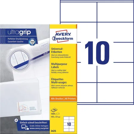 Avery Zweckform 3425 Universal-Etiketten,A4 mit ultragrip,Adressaufkleber 105 x 57 mm, 100 Bogen/1.000 Etiketten, weiß