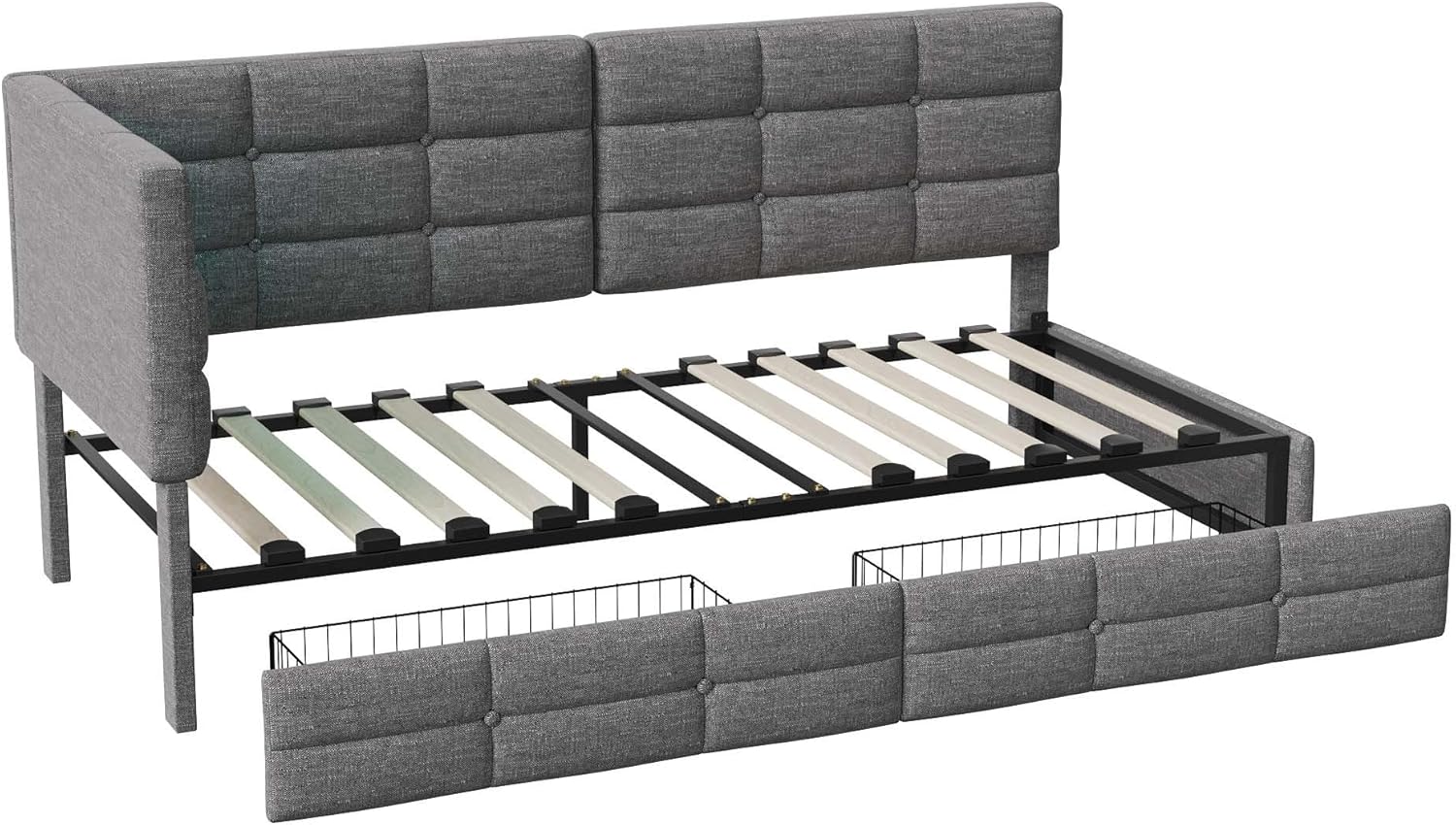 Polsterbett Schlafsofa 90x200 mit LED-Beleuchtung, Kinderbett Einzelbett mit Stauraum Schubladen und Kopfteil, Tagesbett Jugendbett Bettgestell mit Lattenrost, ohne Matratze (Graues Leinen 90cm) YB9581040