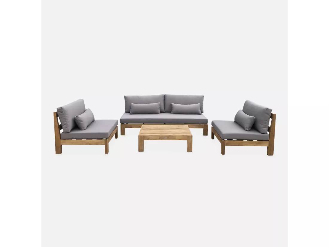 Salon de jardin XXL en bois brossé. effet blanchi – BAHIA – coussins anthracite. ultra confortable. 5 places