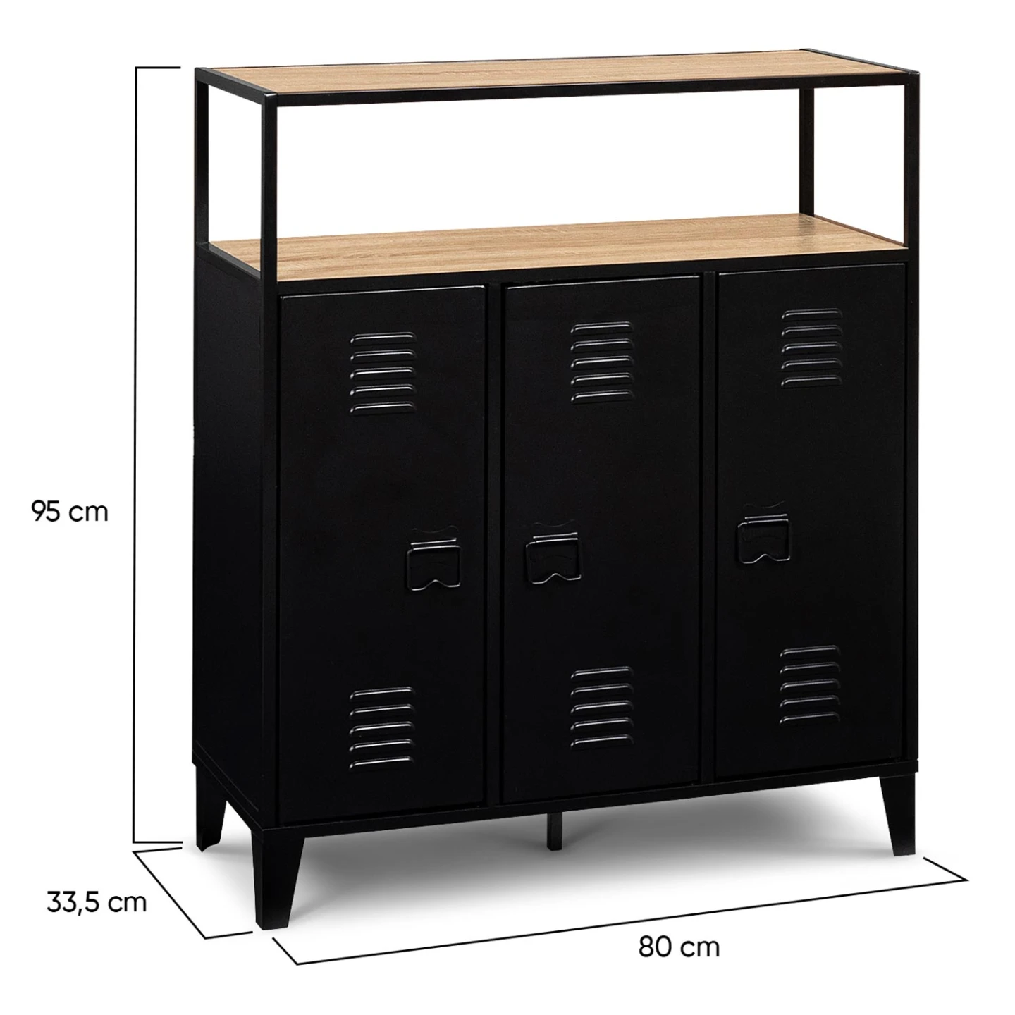Meuble de bar buffet ESTER 3 portes métal noir et plateau bois façon hêtre