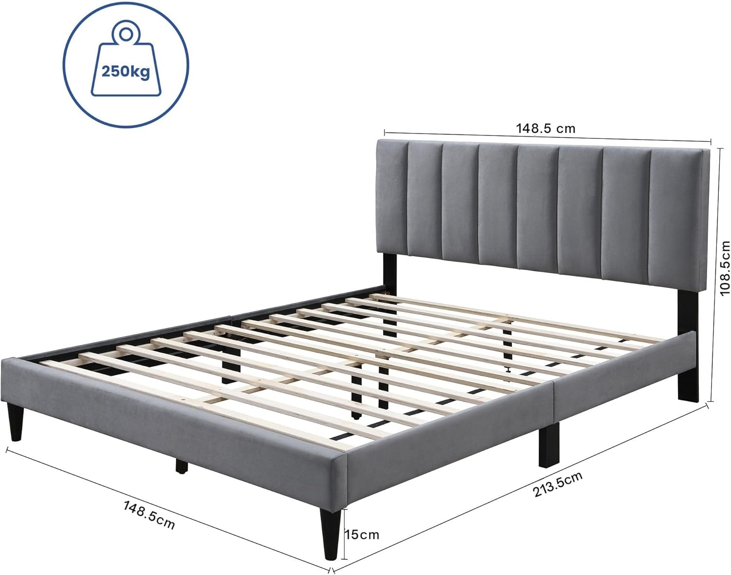 Home Collective Bett 140x200 cm Polsterbett mit Lattenrost Bettgestell Doppelbett mit weichem Bezug und gepolstertem Kopfteil mit vertikaler Steppung Robustes Gestell hoher Liegekomfort Grau 140x200