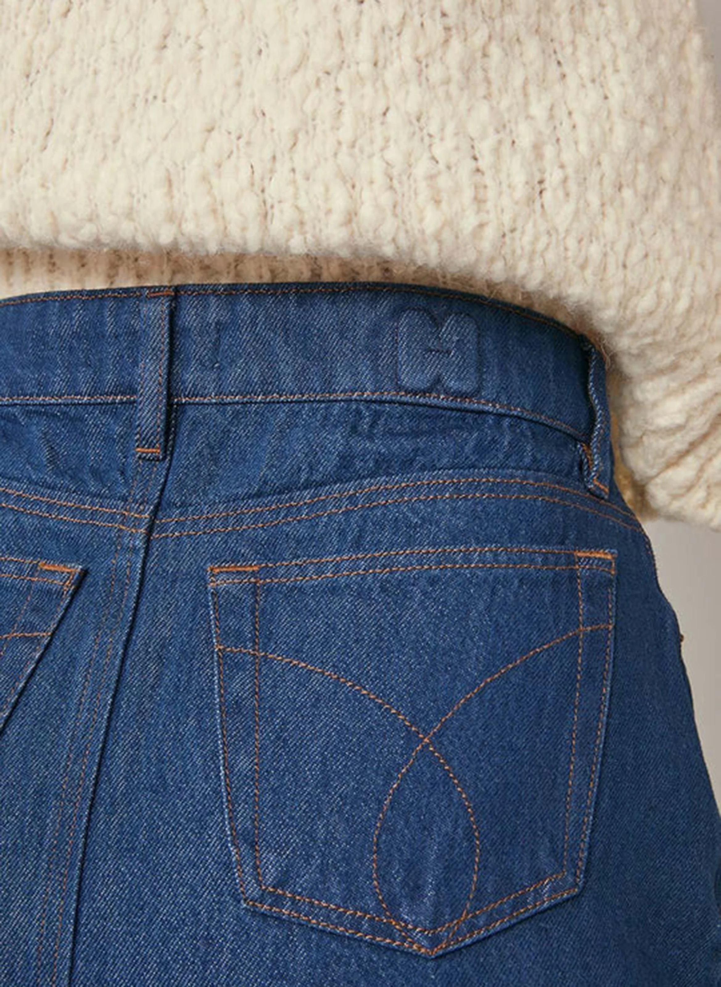 FELICIA - Jupe midi droite en denim de coton mélangé | Bleu