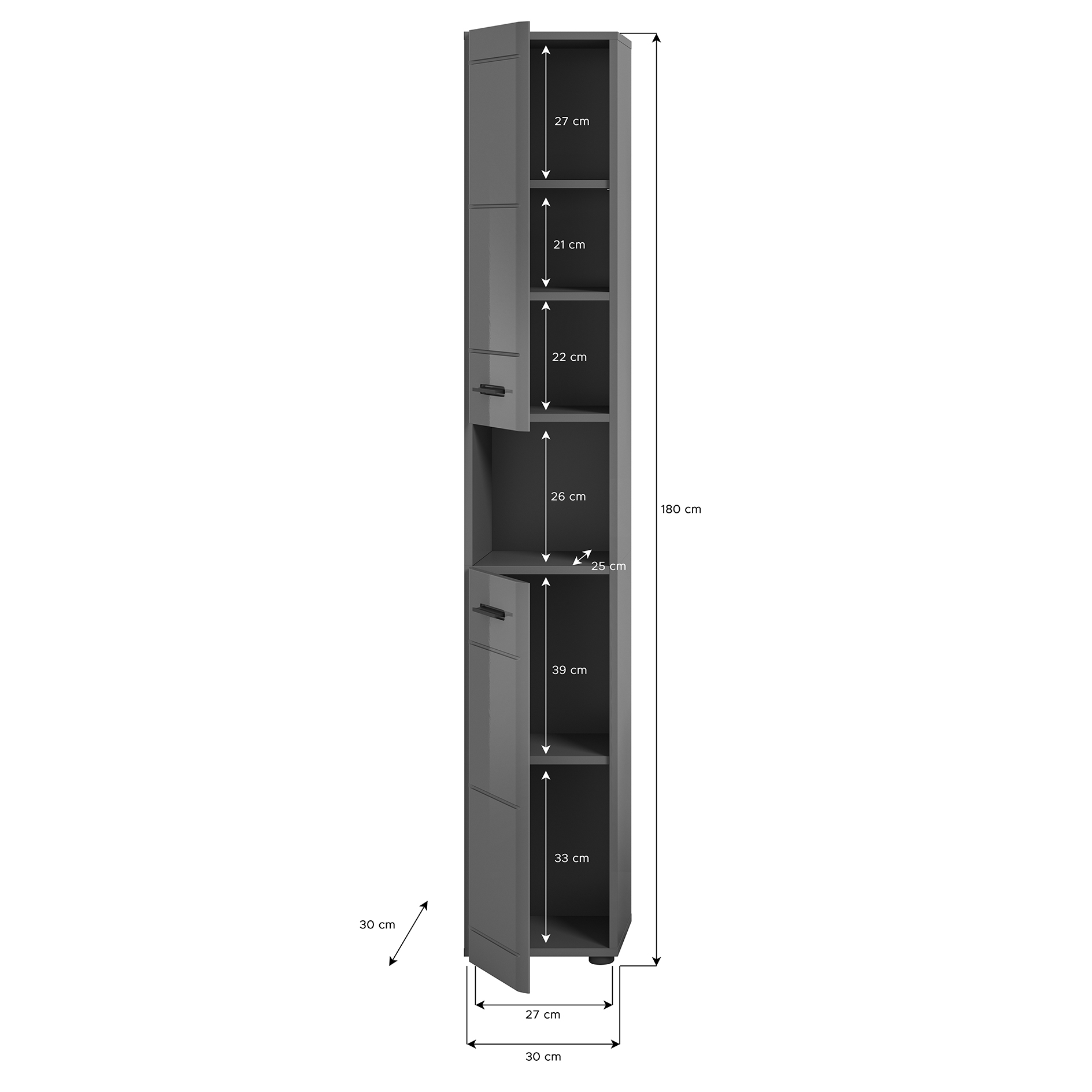 Hochschrank SOFT - grau Hochglanz - 180 cm hoch