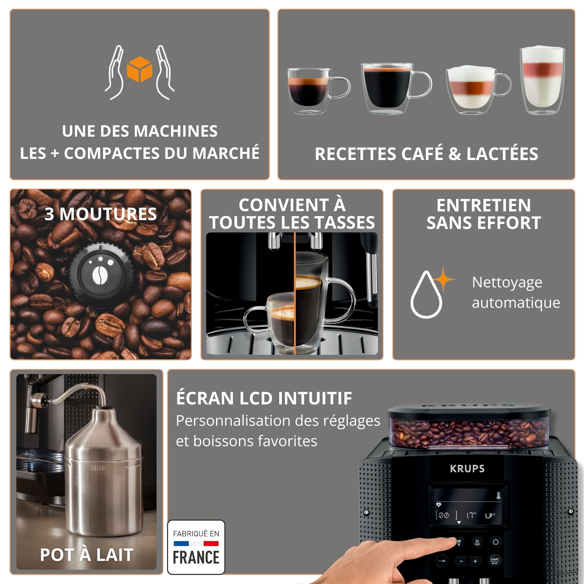 Krups Essential, Machine à café grain, Expresso automatique, 2 tasses simultanées, Ecran LCD, Nettoyage automatique, Buse vapeur, Pot à lait inox Capp