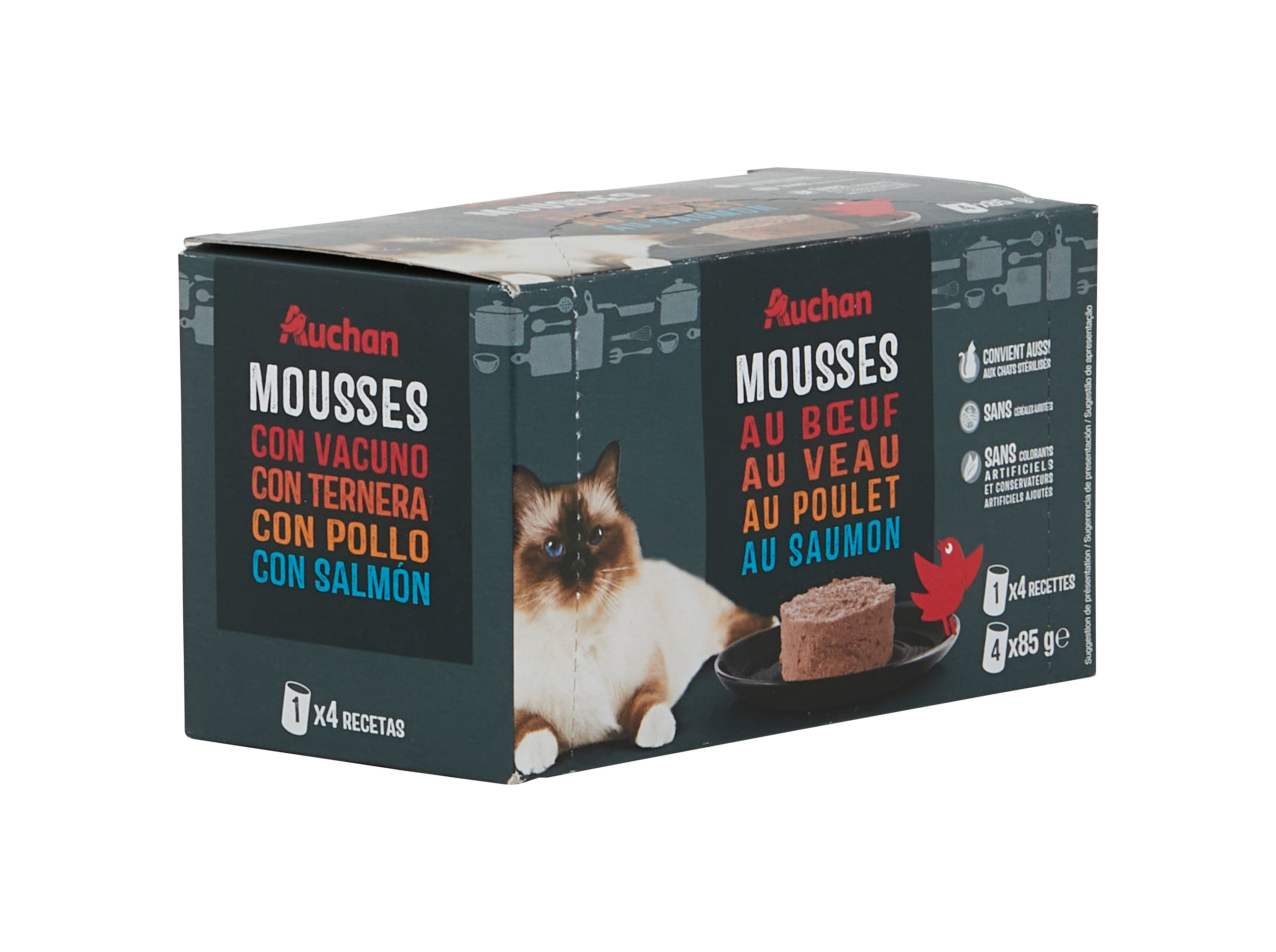 COMIDA HÚMIDA PARA GATO AUCHAN MOUSSES CARNE E PEIXE 4X85G