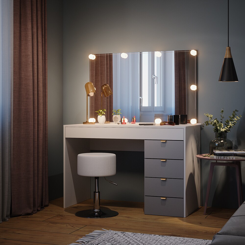 Vicco Schminktisch Elise Weiß Grau 115 x 76 cm modern Frisiertisch Schubladen Spiegel Hocker LED-Beleuchtung