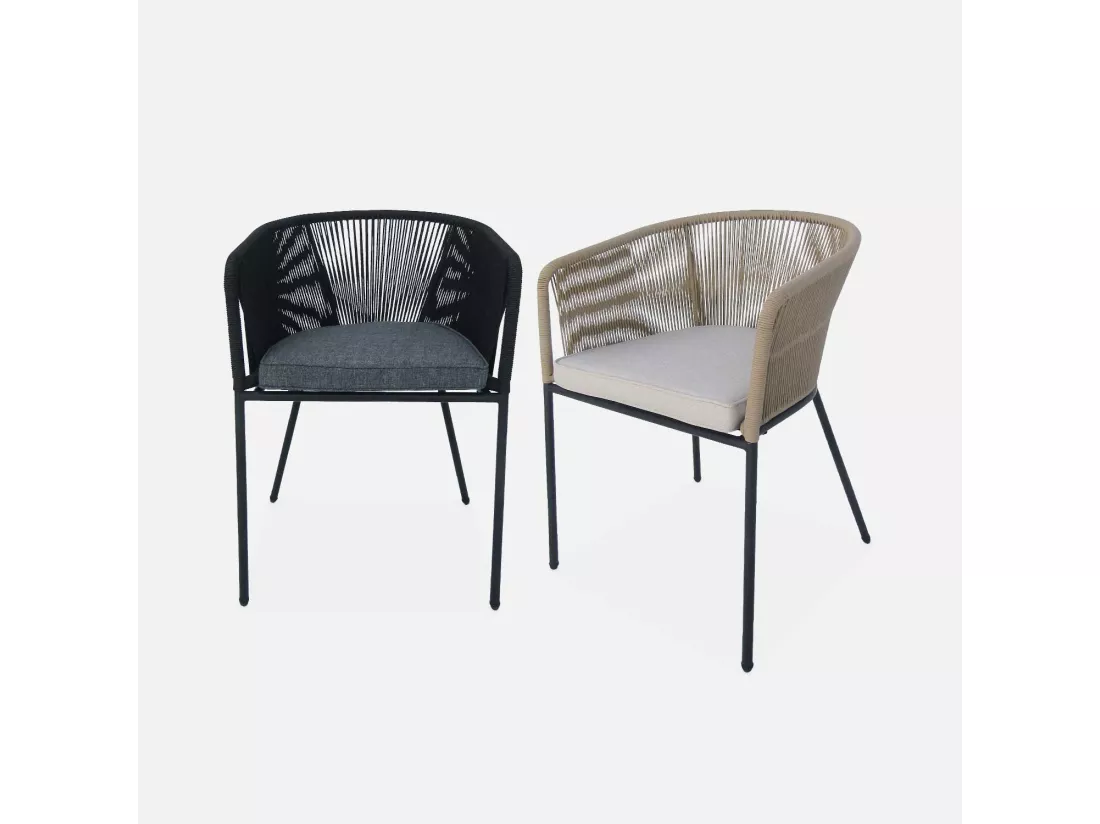 Lot de 4 fauteuils de jardin en corde beige et acier galvanisé. coussin beige