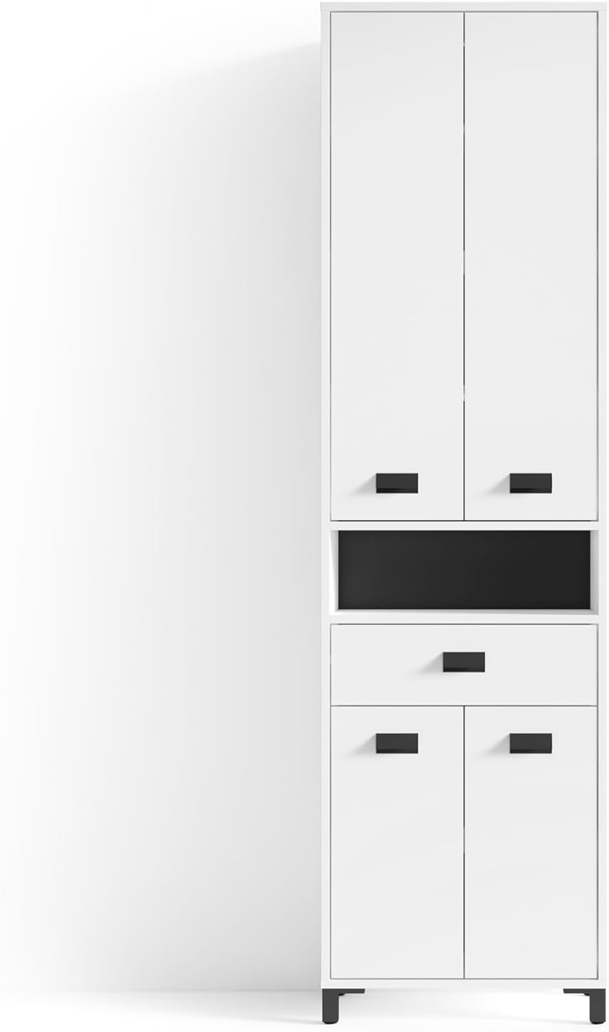 byLIVING Badezimmer-Hochschrank Wellness in Melamin weiß, Griffe aus Metall in schwarz/Badezimmerschrank 4 Türen mit offenen Elementen & viel Stauraum/B 54, H 193, T 31 cm