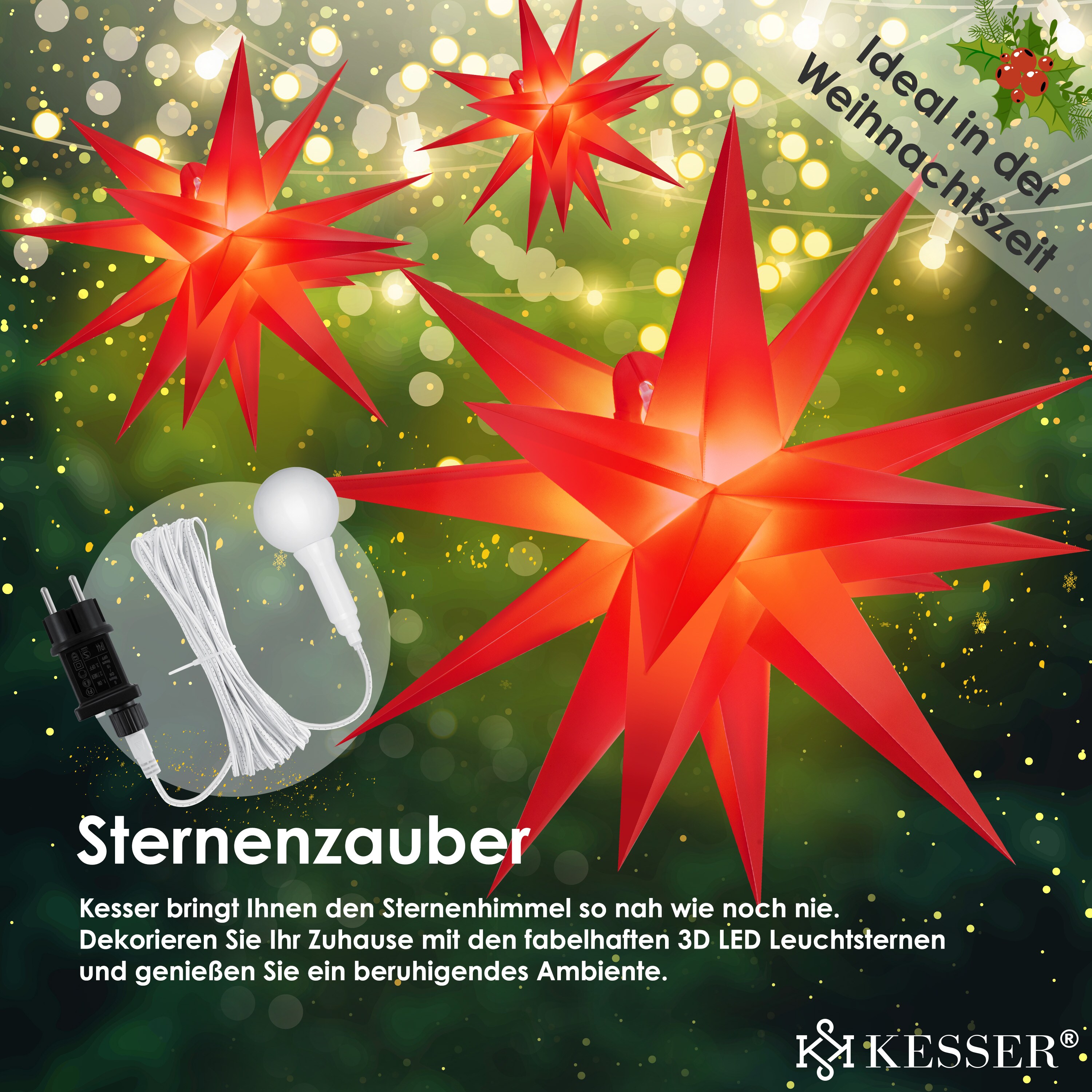 KESSER® Leuchtstern 3D, LED Weihnachtsstern mit Timer für innen und außen, Adventsstern Beleuchtet hängend Stern + Warmweiß Licht