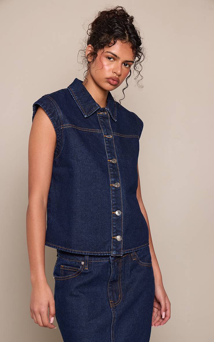 Bleu Indigo Haut En Denim À Boutons Avec Épaules Structurées