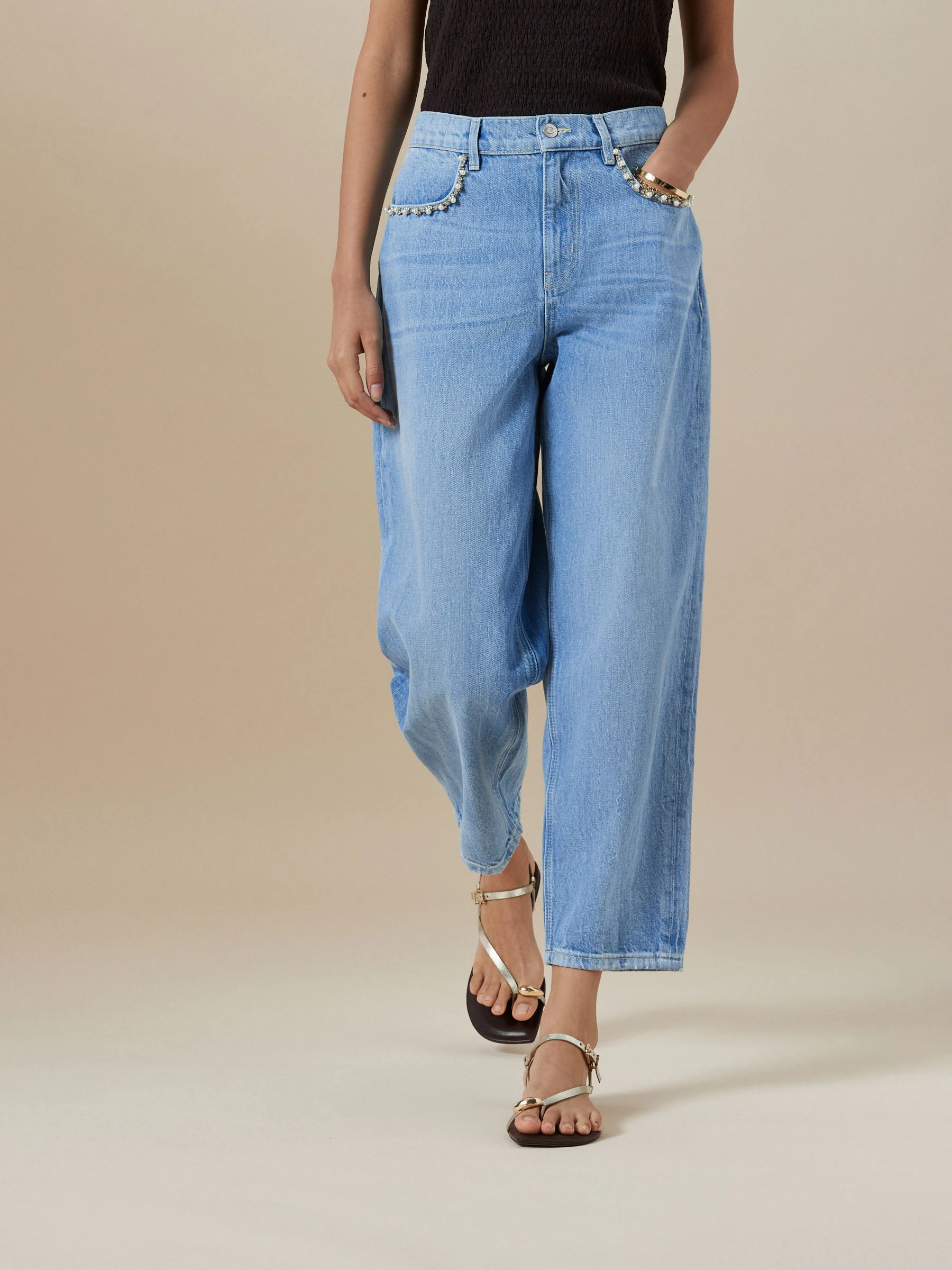 Lichtblauw - Embellished Pocket Barrel Jeans