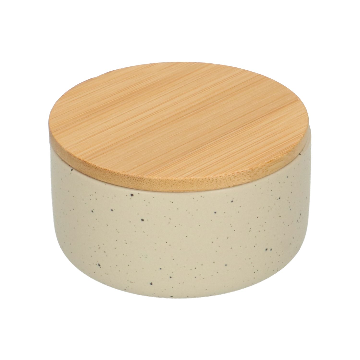 Bakje + deksel, beige spikkel, keramiek en bamboe