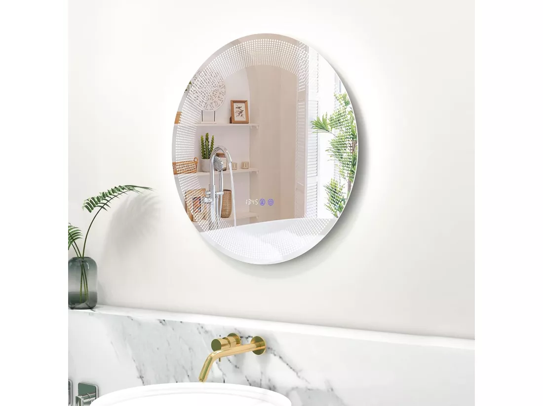 Miroir Salle de Bain LED à 3 Couleurs & Luminosité Réglable, Miroir Mural Anti-Buée, Miroir Lumineux avec Interrupteur Tactile et Fonction Mémoire, Affichage Temps/Température, IP44, Ø 60 CM