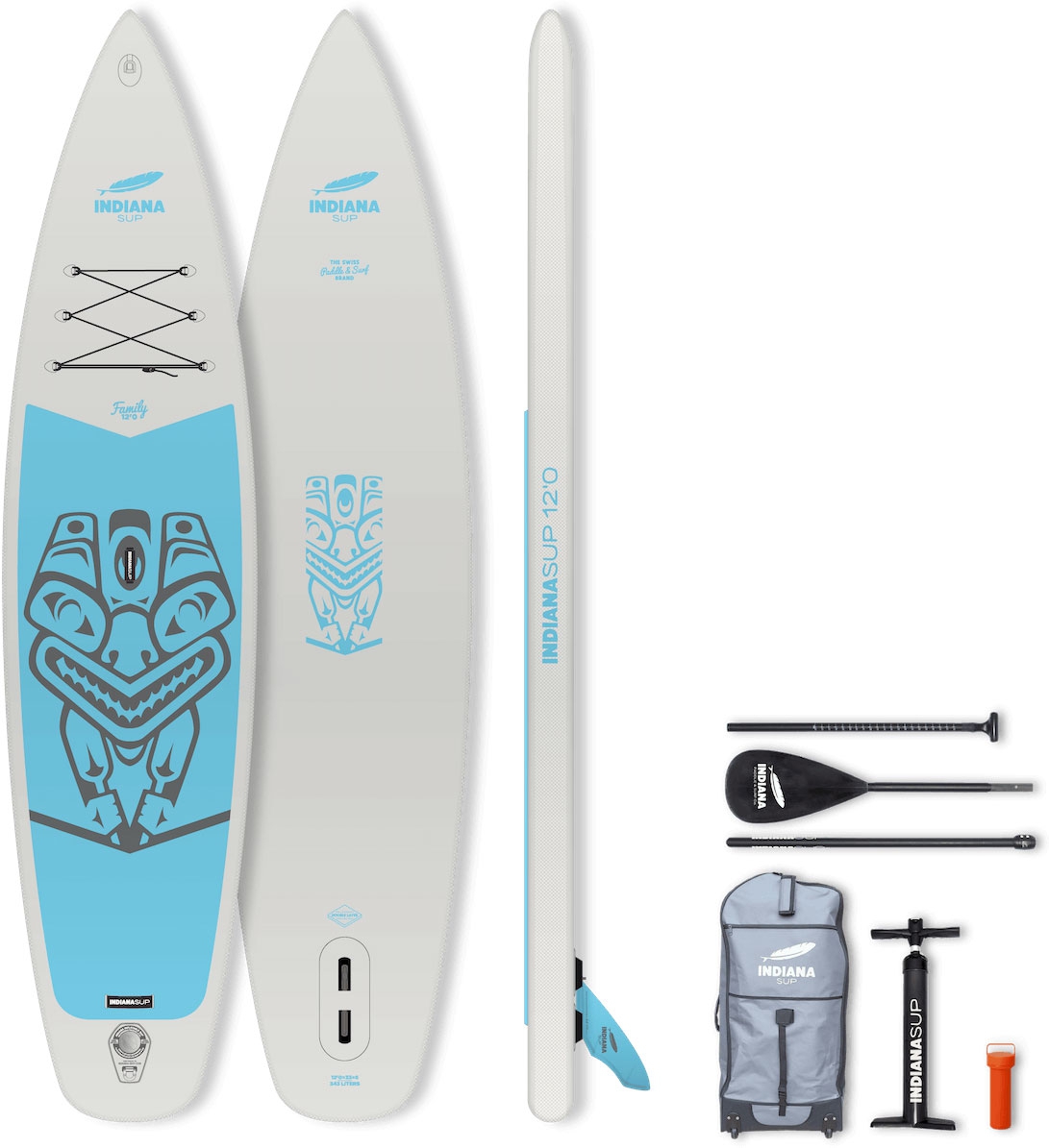 Indiana Family Pack 12 0 aufblasbares Stand Up Paddling-Board inkl. Paddel und Luftpumpe Grau