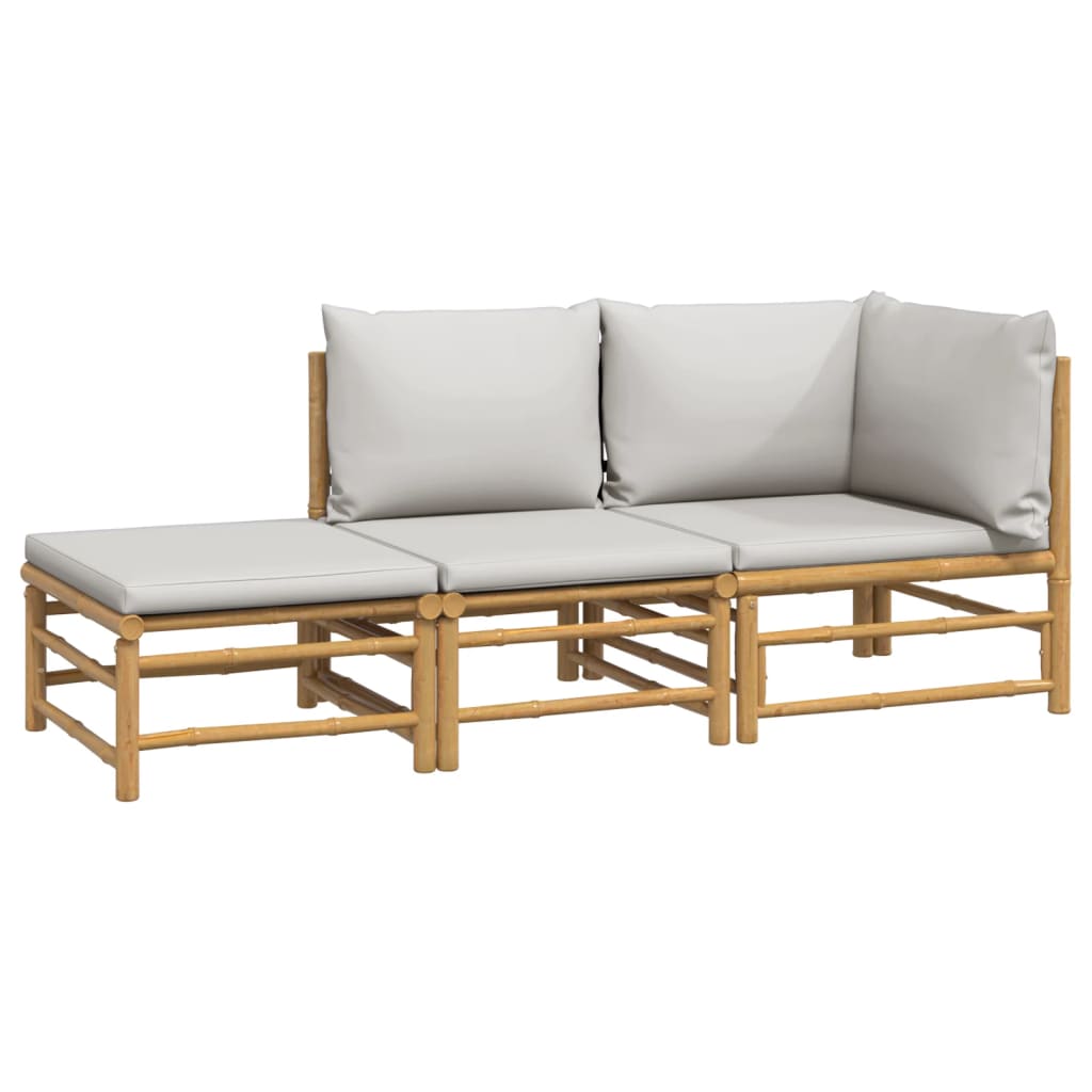 Salon de jardin meuble d'extérieur ensemble de mobilier 3 pièces avec coussins gris clair bambou