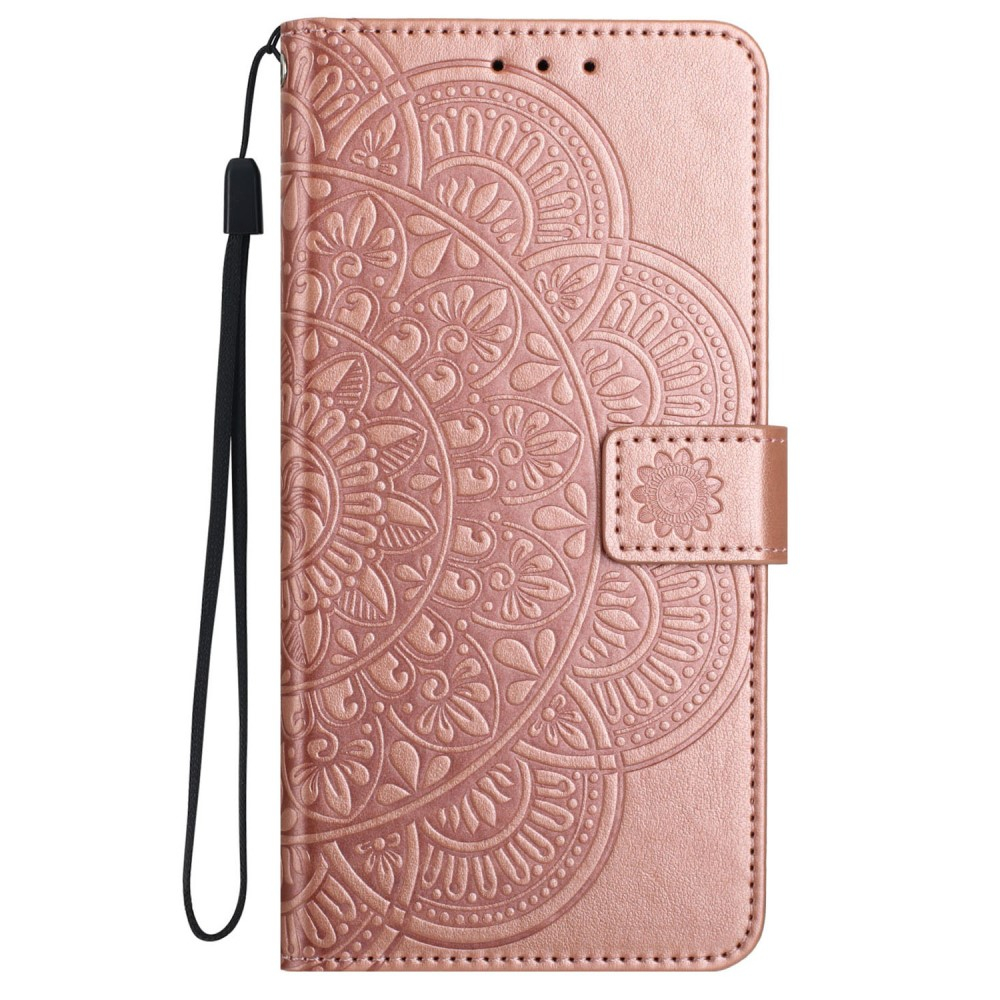iPhone 16 Pro Leder Tasche Wallet - Mandala Flowers Imprint - Roségold