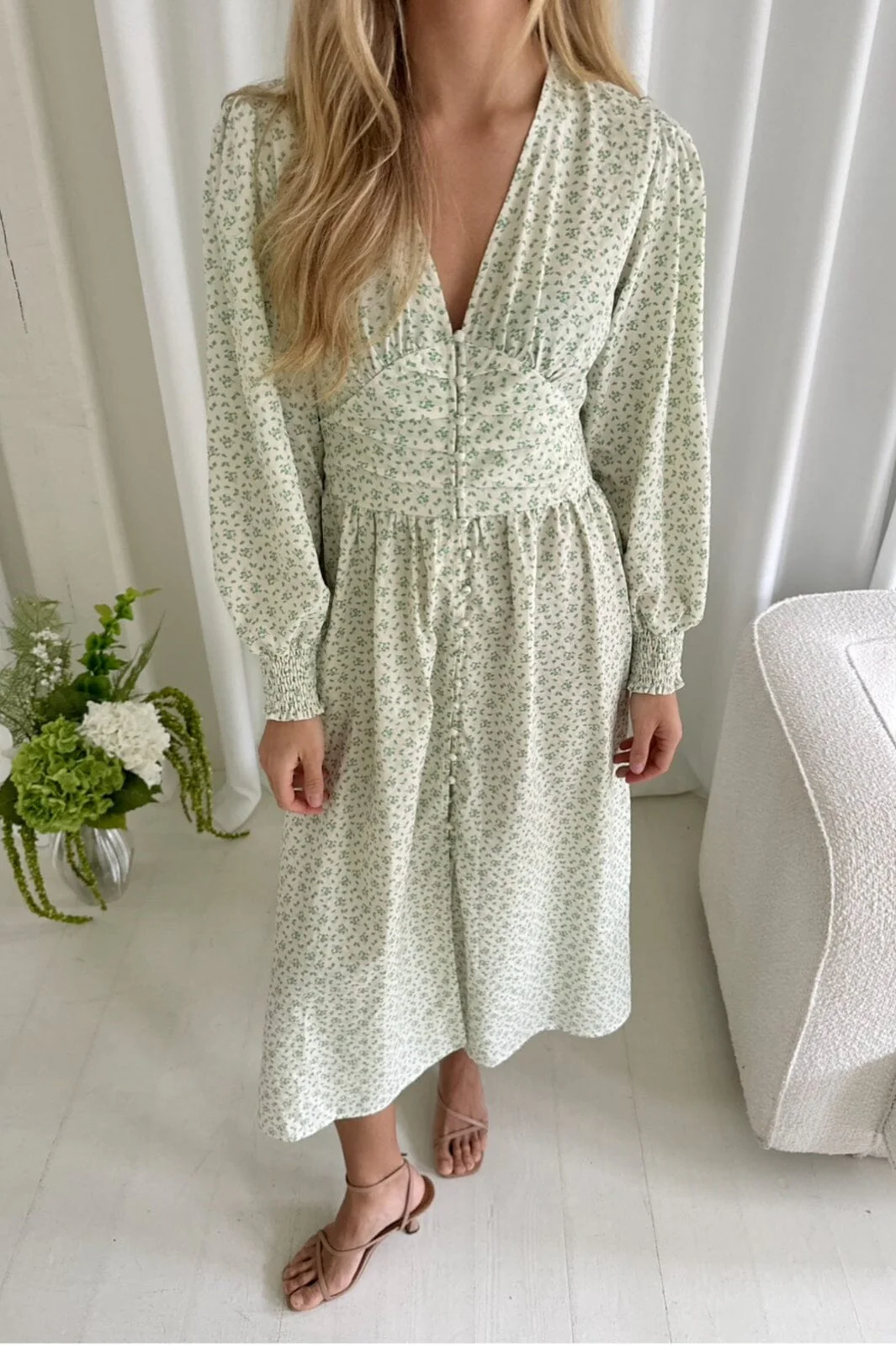 BYIC Adelic Long Dress gfsp green flower stem print