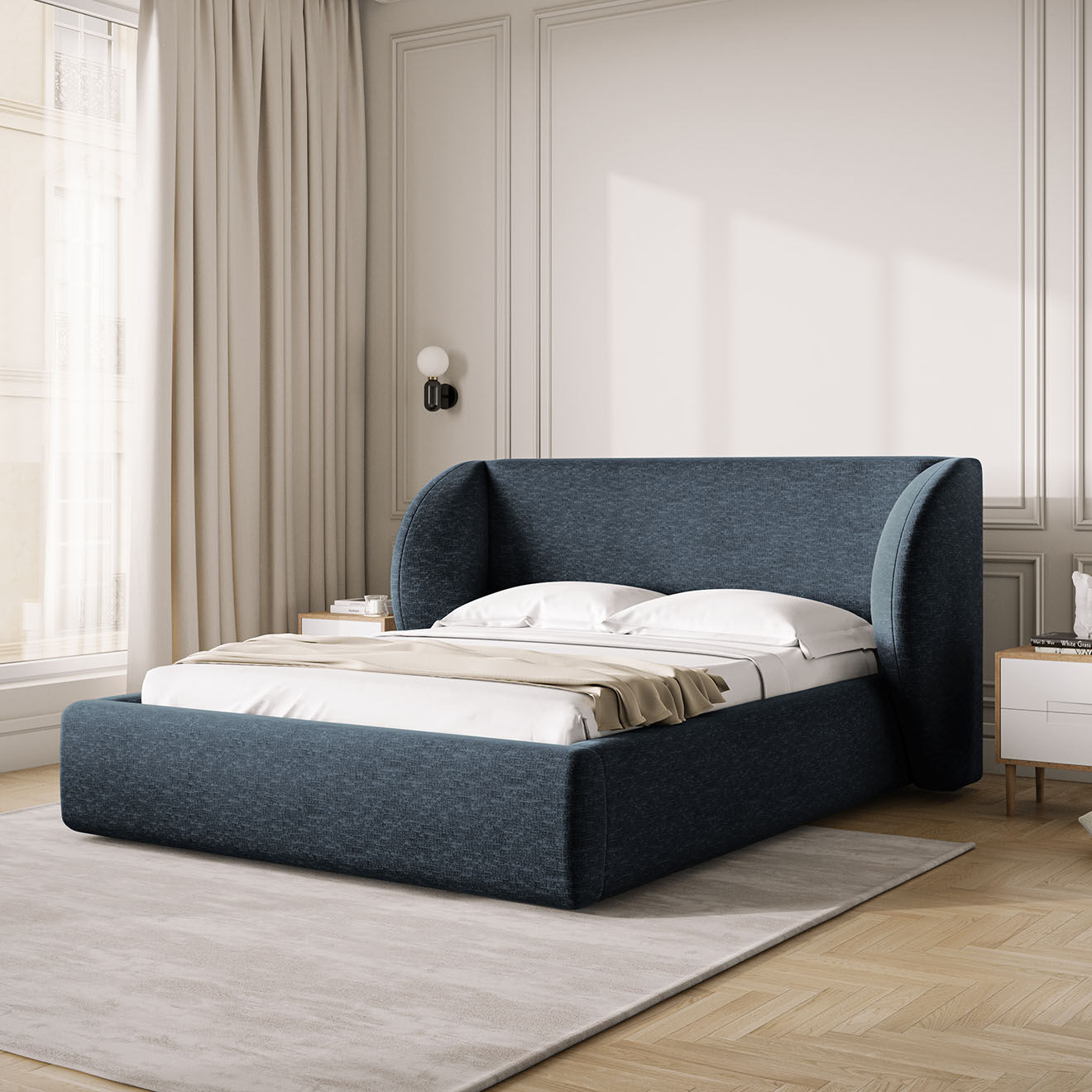 Micadoni Lit Coffre Chenille avec Tête de Lit Miley bleu roi - 230x227x100 cm