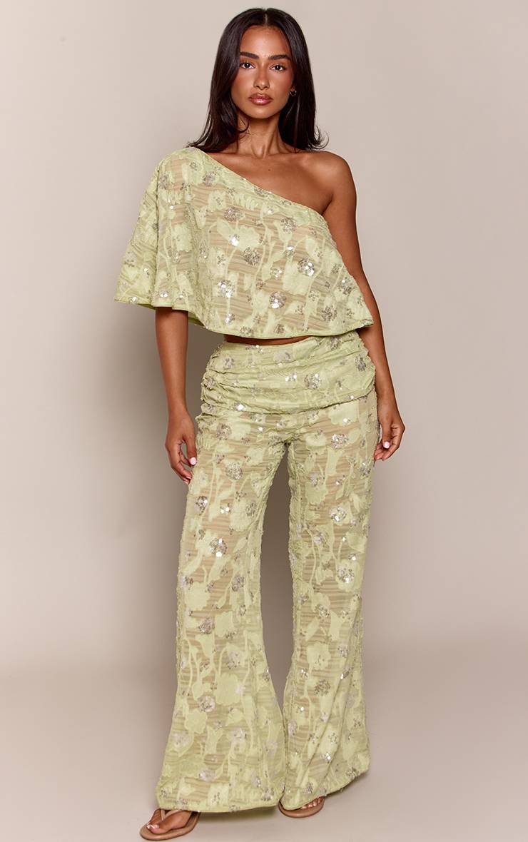 Vert Pantalon Co-ord Petite Avec Superposition Jupe À Texture Florale Et Sequins